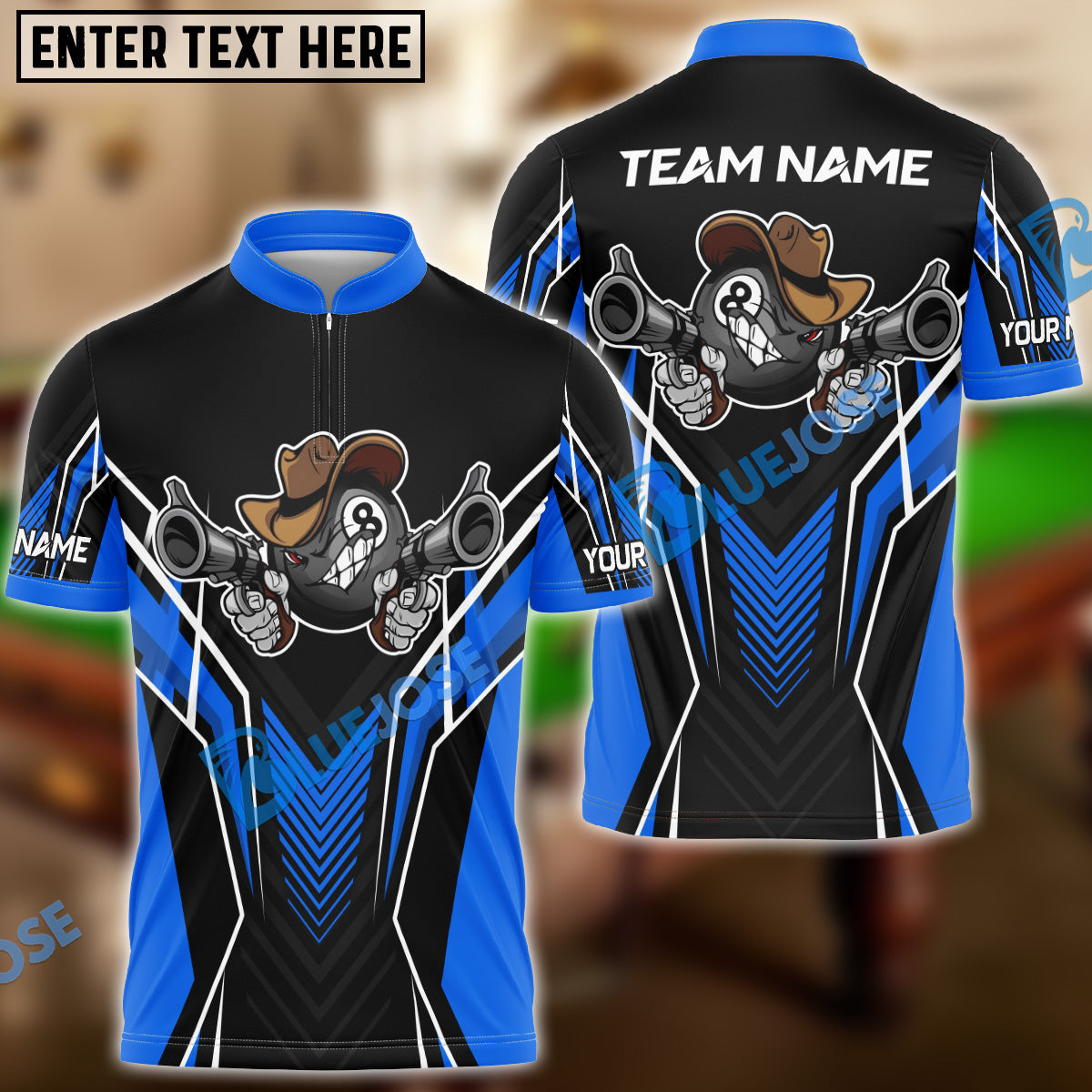 BlueJose Billiards 8 Ball Cowboy Gunny Premium Personalized Name, Team Name Unisex Shirt (4 Colors)