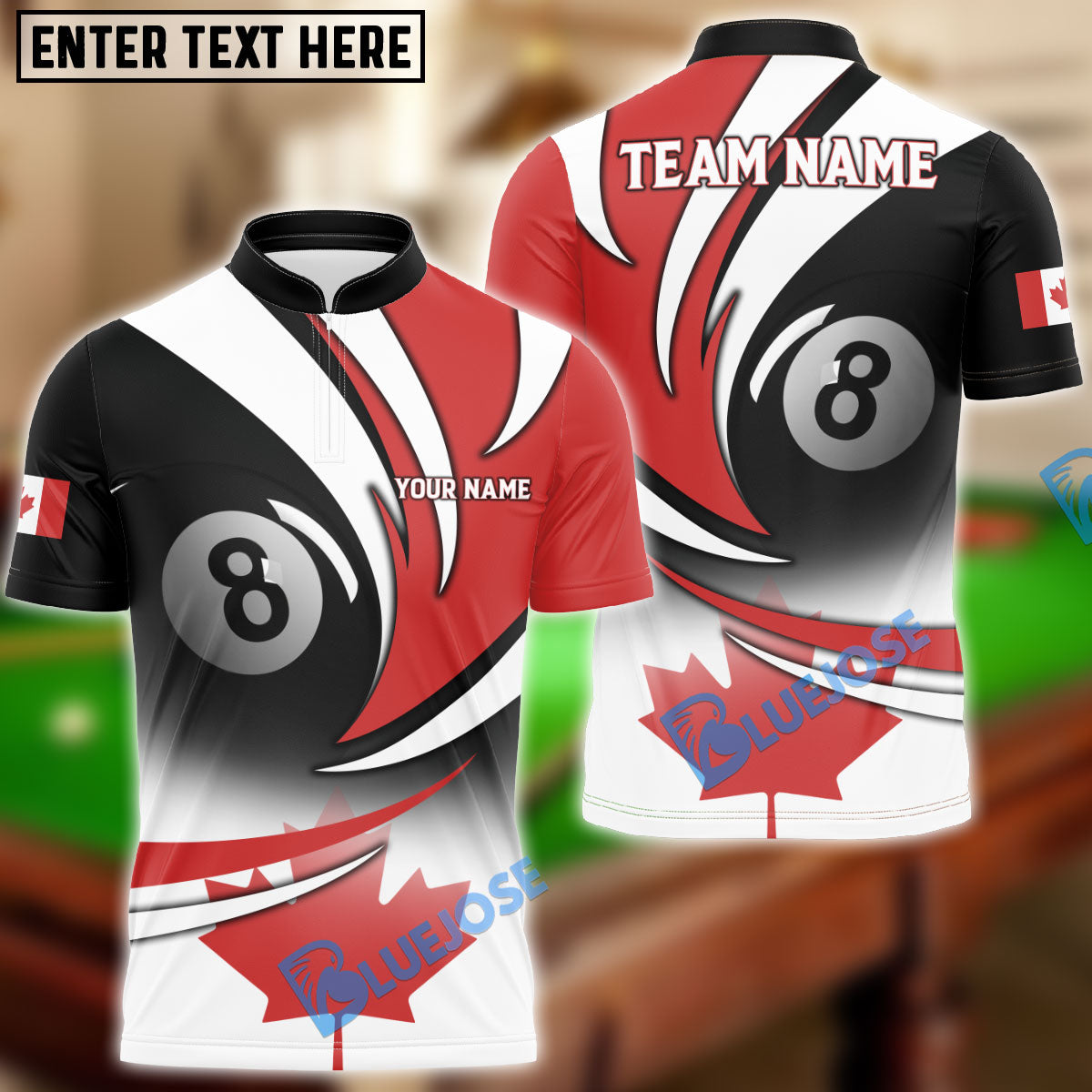 BlueJose Billiards Canada Flag Personalized Name, Team Name Unisex Shirt (3 Colors)