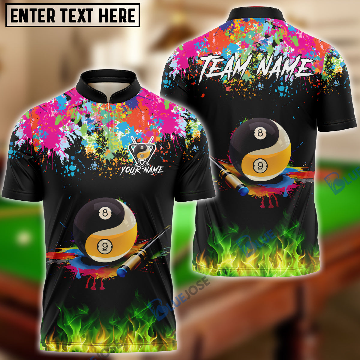 BlueJose Billiards 8 Ball & 9 Ball Yinyang Cue Paint Splash Personalized Shirt