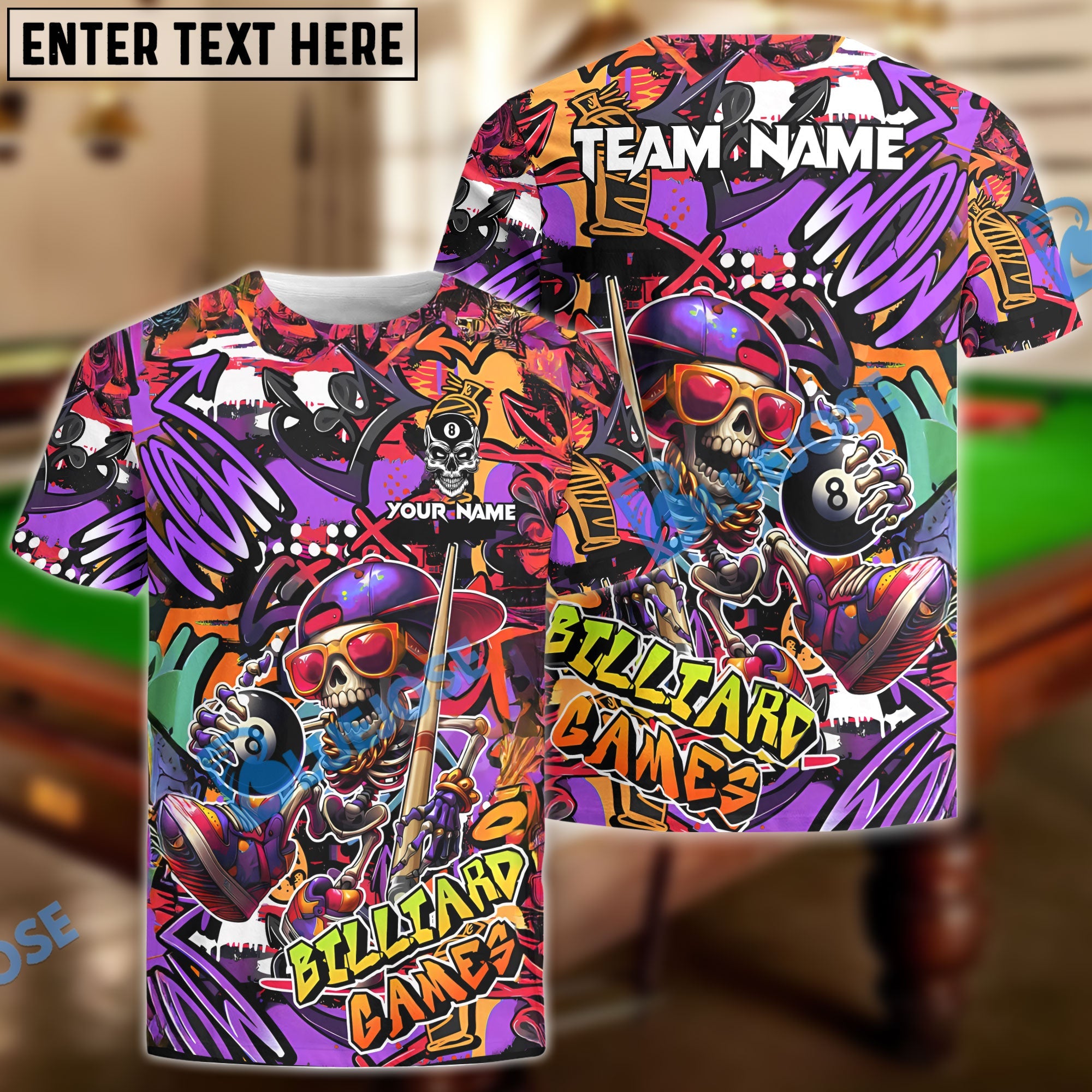 BlueJose Billiards Ball 8 Funny Skull Colorful Graffiti Personalized Name, Team Name Unisex Shirt (4 Colors)