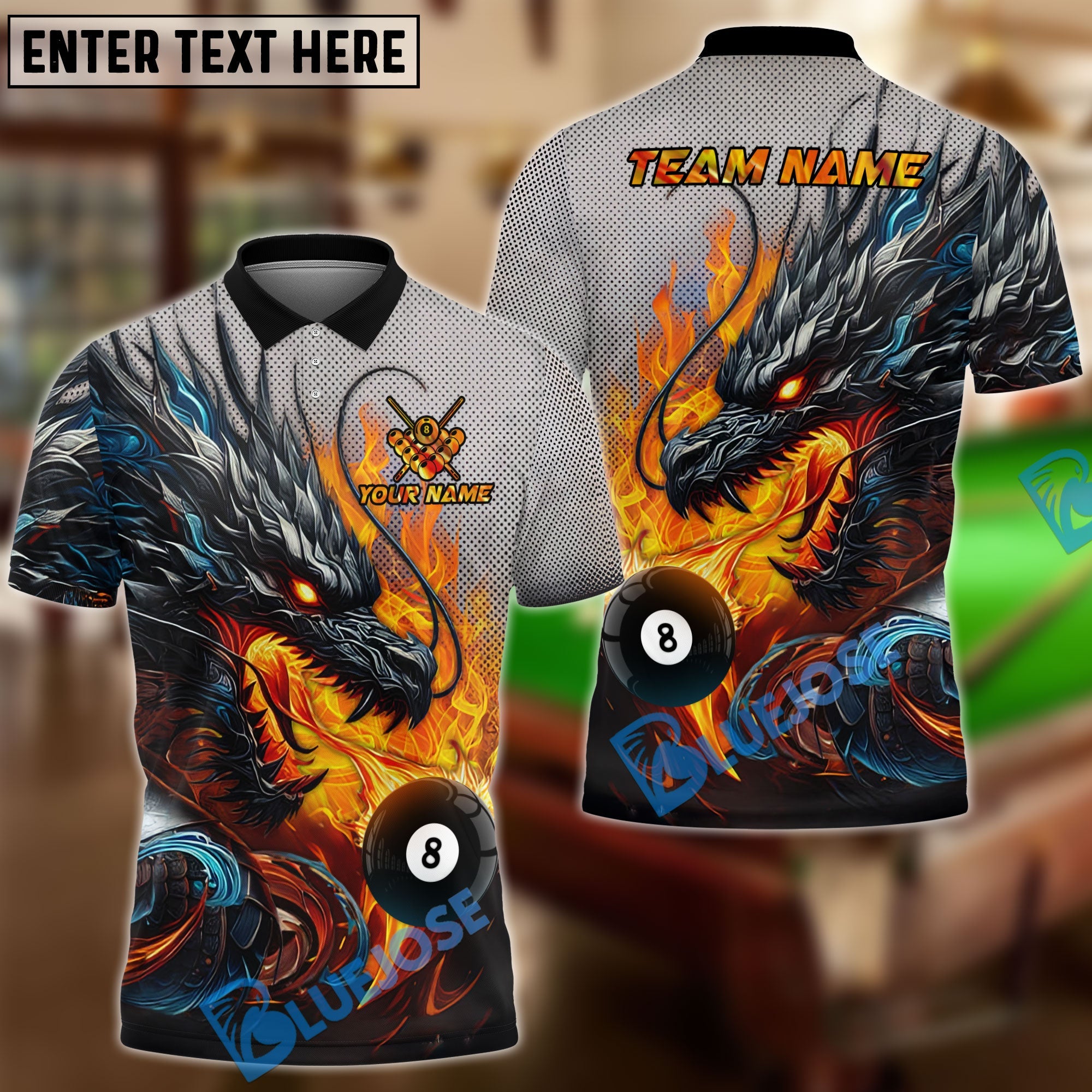 BlueJose Billiards Ball 8 Burning Fire Dragon Personalized Name Team Name Unisex Shirt (4 Colors)