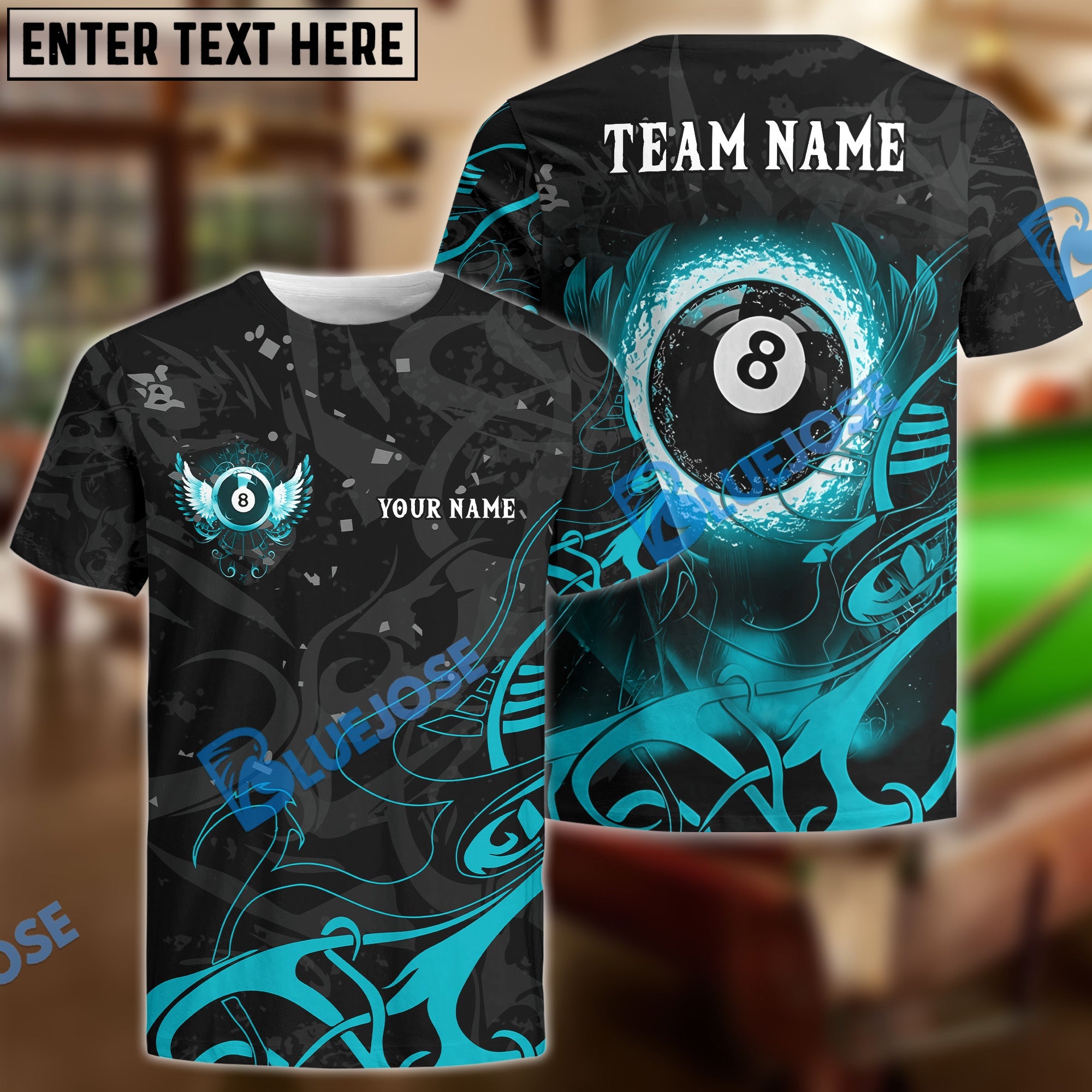 BlueJose Billiards 8 Ball Wing Personalized Name, Team Name Shirt (6 Colors)