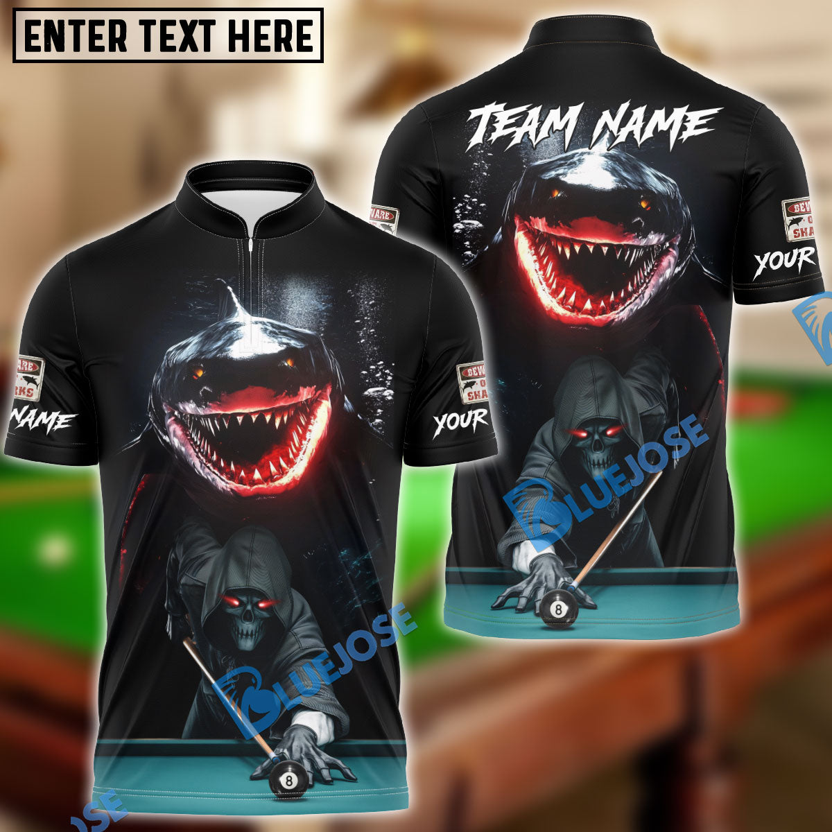 BlueJose Billiards Ball 8 Shark Reaper Personalized Name & Team Name Shirt (4 Colors)