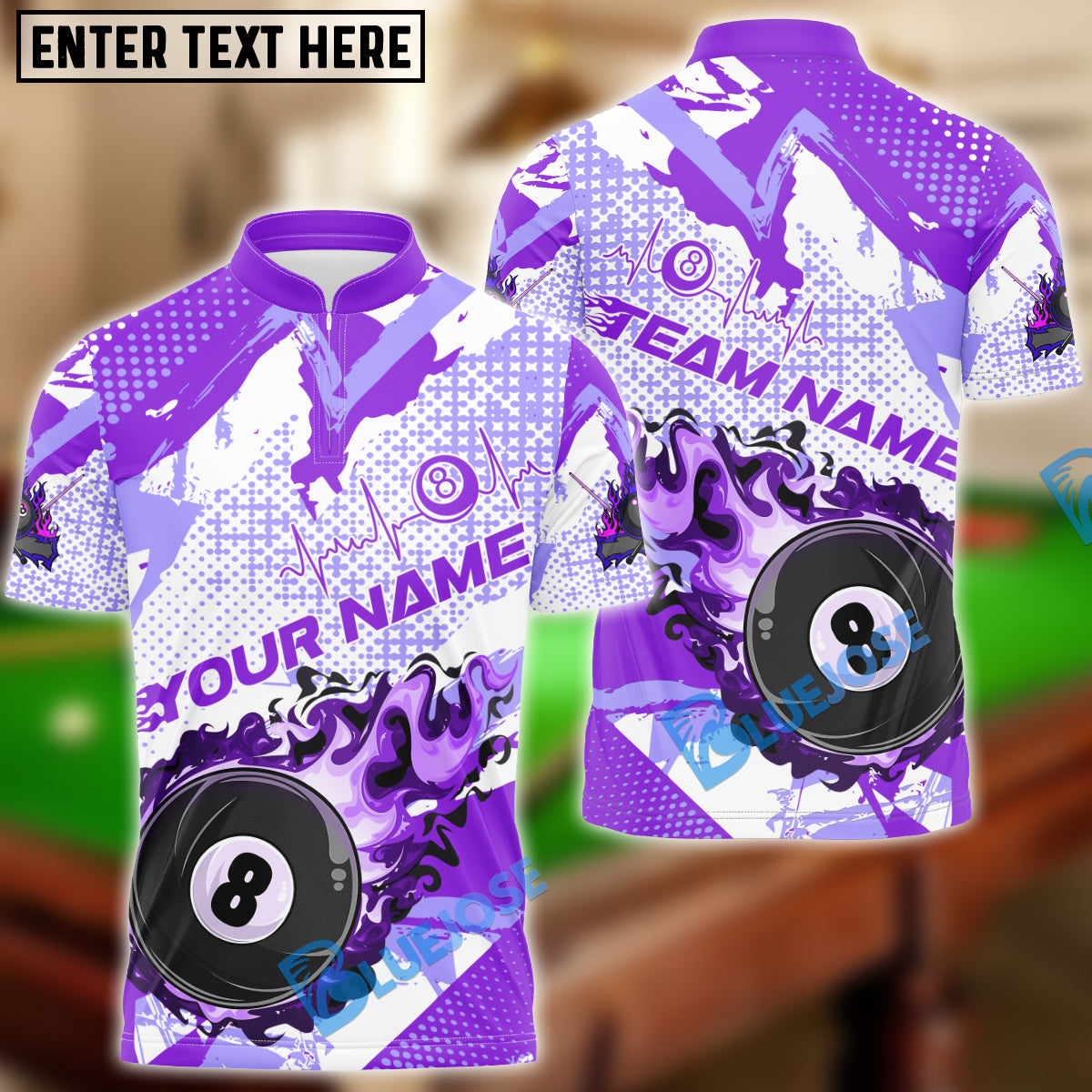 BlueJose Billiards Ball 8 Paint Fire Flame Personalized Name Team Name Unisex Shirt (4 Colors)
