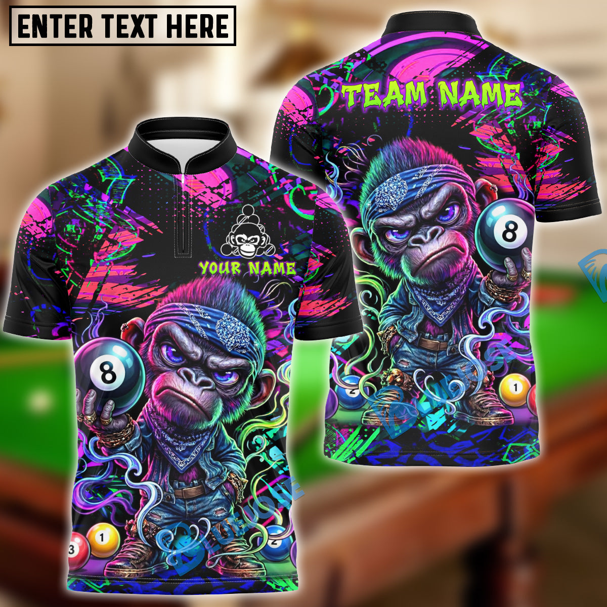 BlueJose Billiards Angry Monkey Pool 8 Ball Neon Graffiti Personalized Shirt
