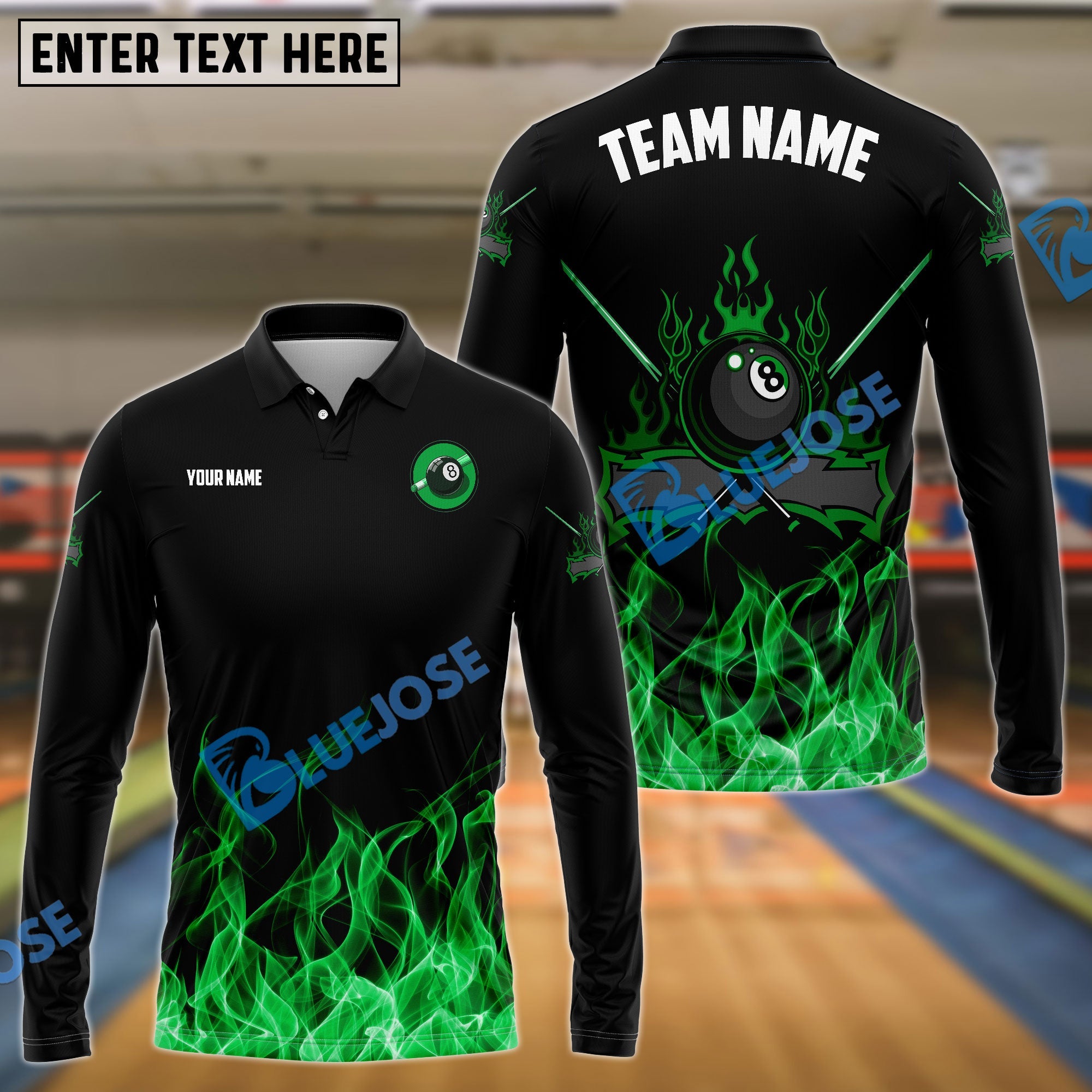 BlueJose Personalized Billiards 8-Ball Fire Pattern Shirt (Blue, Green, Yellow & Red)