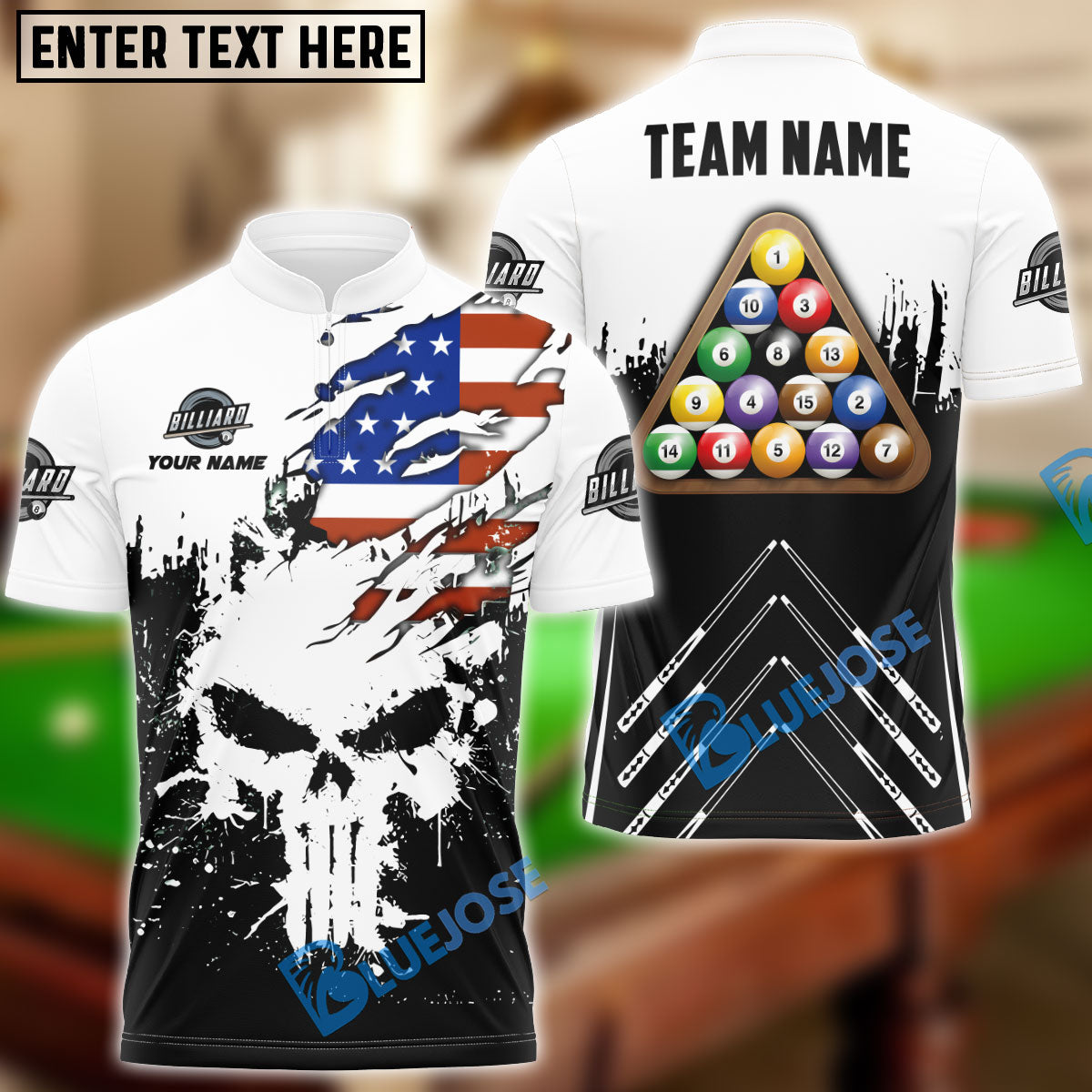 BlueJose Billiards Ball 8 Punished Skull Personalized Name, Team Name Shirt (6 Colors)