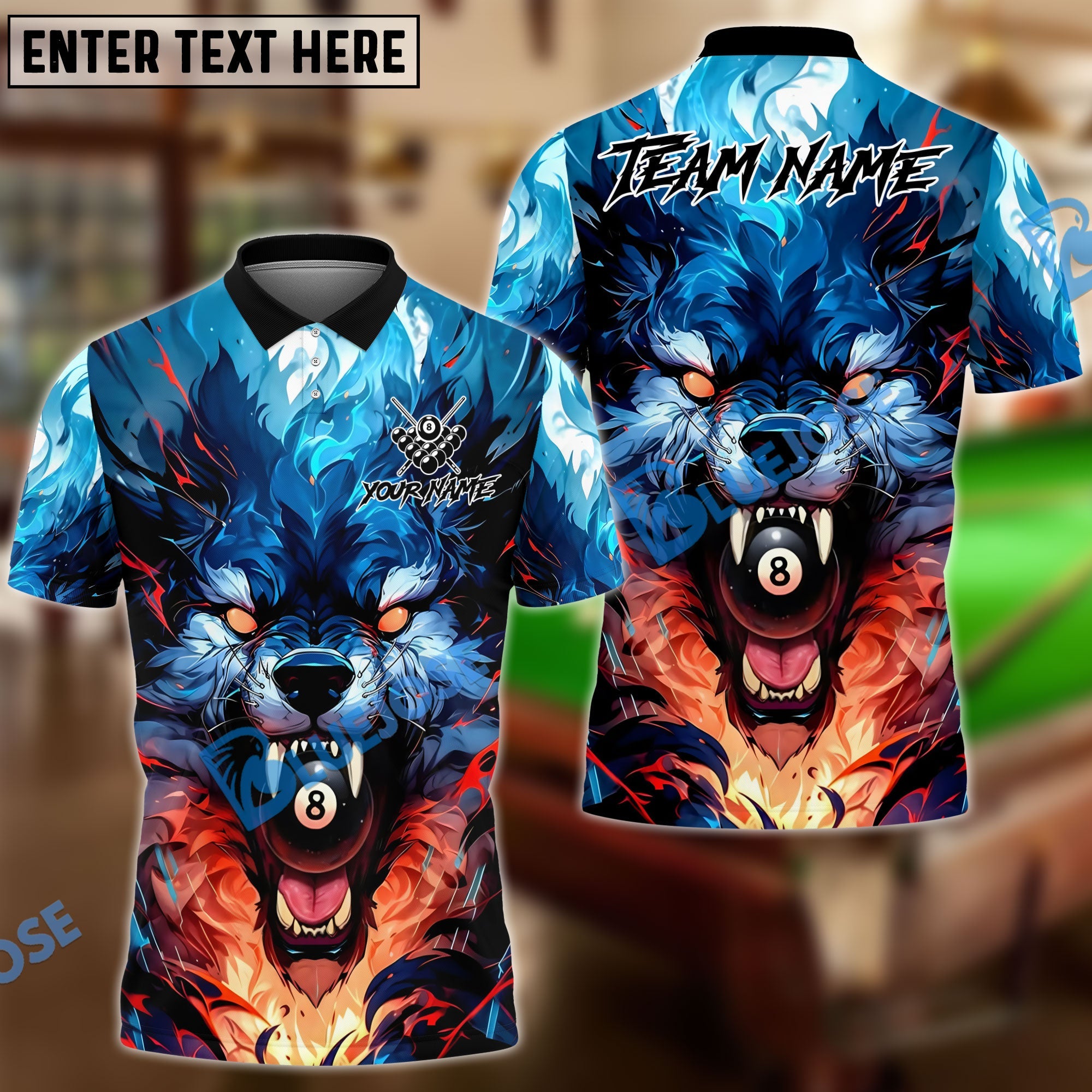 BlueJose Billiards 8 Ball Wolf Double Flame Personalized Name, Team Name Unisex Shirt (4 Colors)