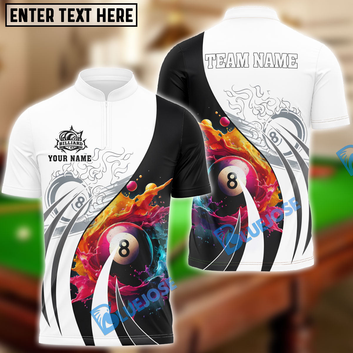 BlueJose Billiards Ball 8 Colorful Paint Personalized Name Shirt