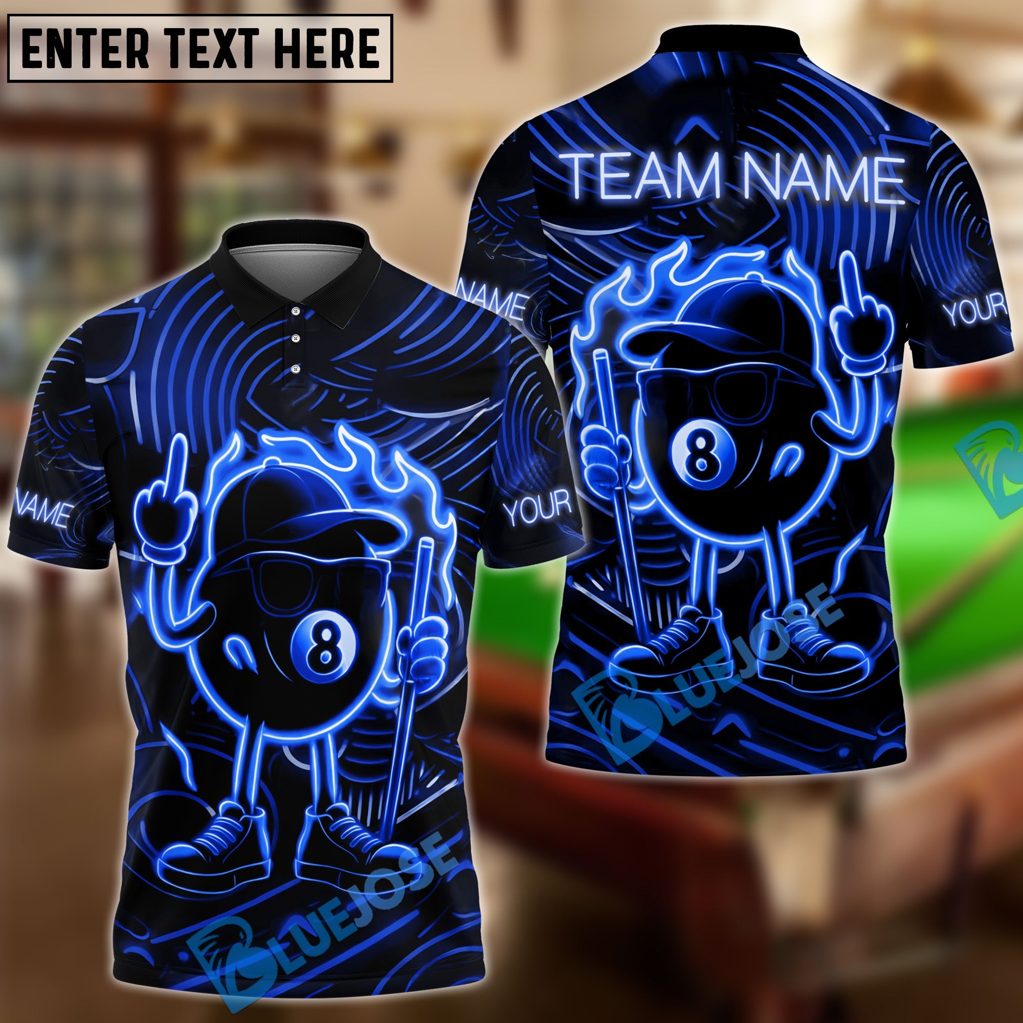 BlueJose Billiards 8 Ball Pool Neon Fire Personalized Name Shirt (4 Colors)