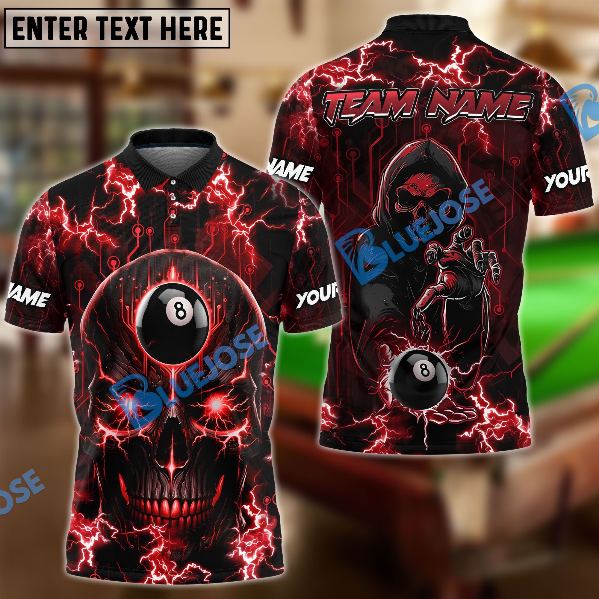BlueJose Billiards Ball 8 Skull Thunder Personalized Name, Team Name Unisex Shirt (6 Colors)
