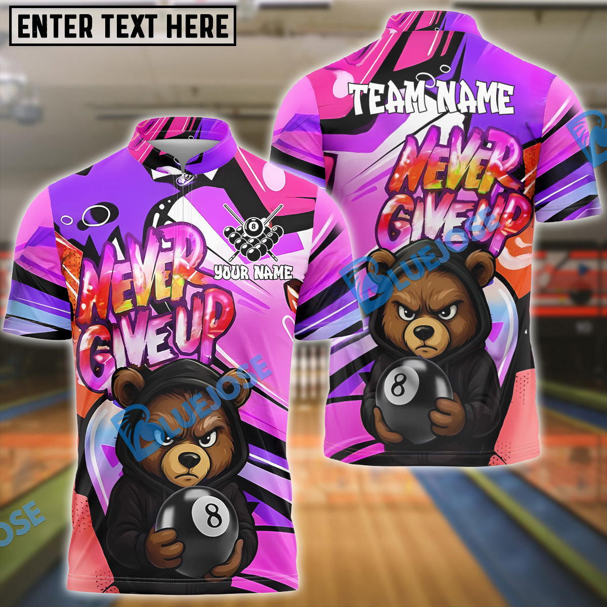 BlueJose Billiards 8-Ball Bear Hoodie Never Give Up Personalized Name Shirt (4 Colors)