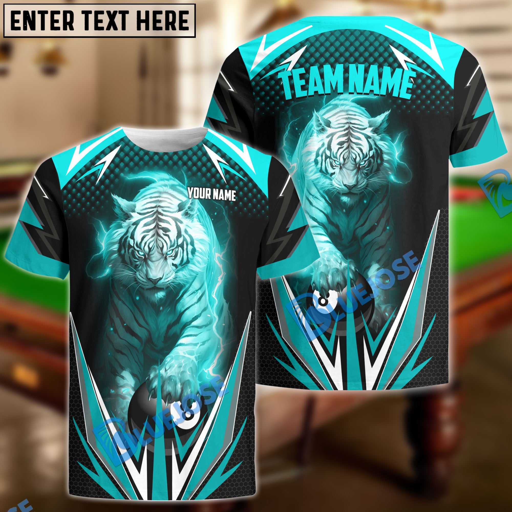 BlueJose Billiards Ball 8 Thunder White Tiger Personalized Name, Team Name Shirt (4 Colors)