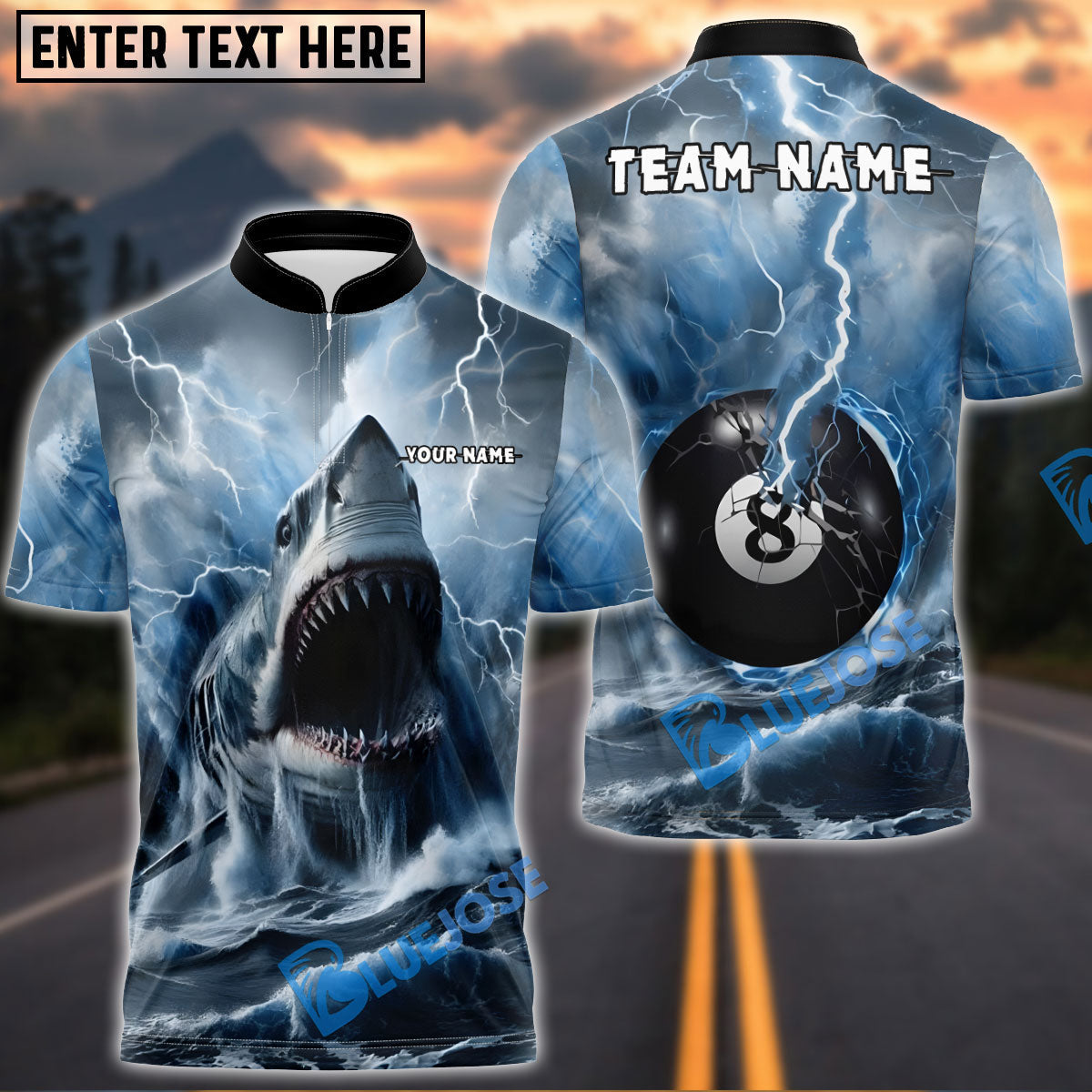 BlueJose Billiards 8 Ball Shark and Lightning Personalized Name, Team Name Unisex Shirt (4 Colors)