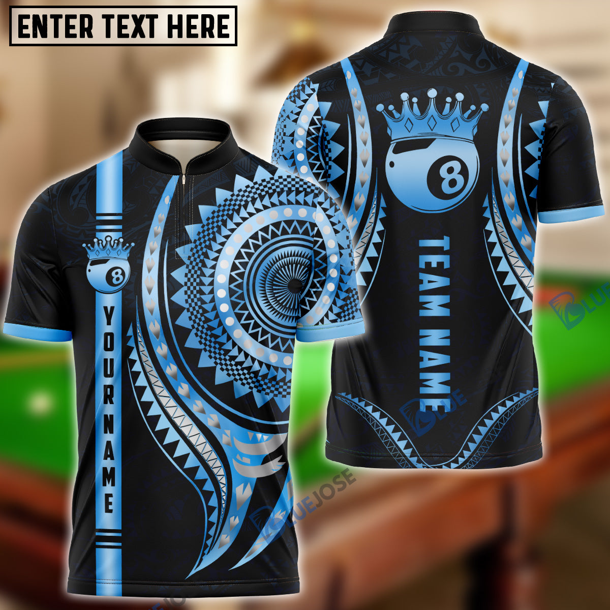 BlueJose Billiards 8 Ball Gold Mandala Personalized Name Shirt (4 Colors)