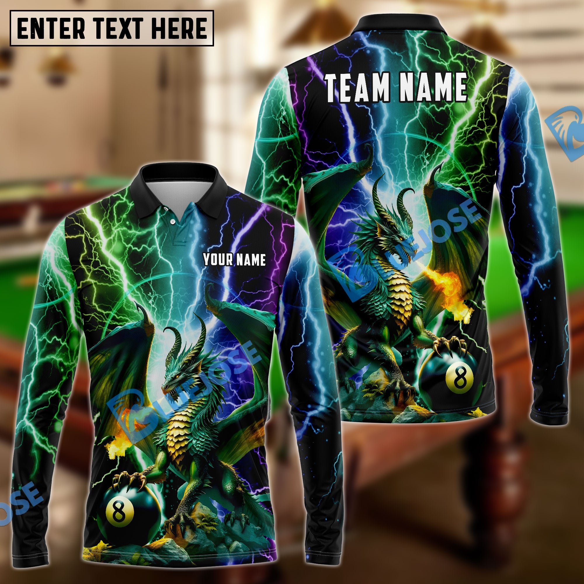 BlueJose Billiards Dragon Lighting Personalized Name, Team Name Shirt