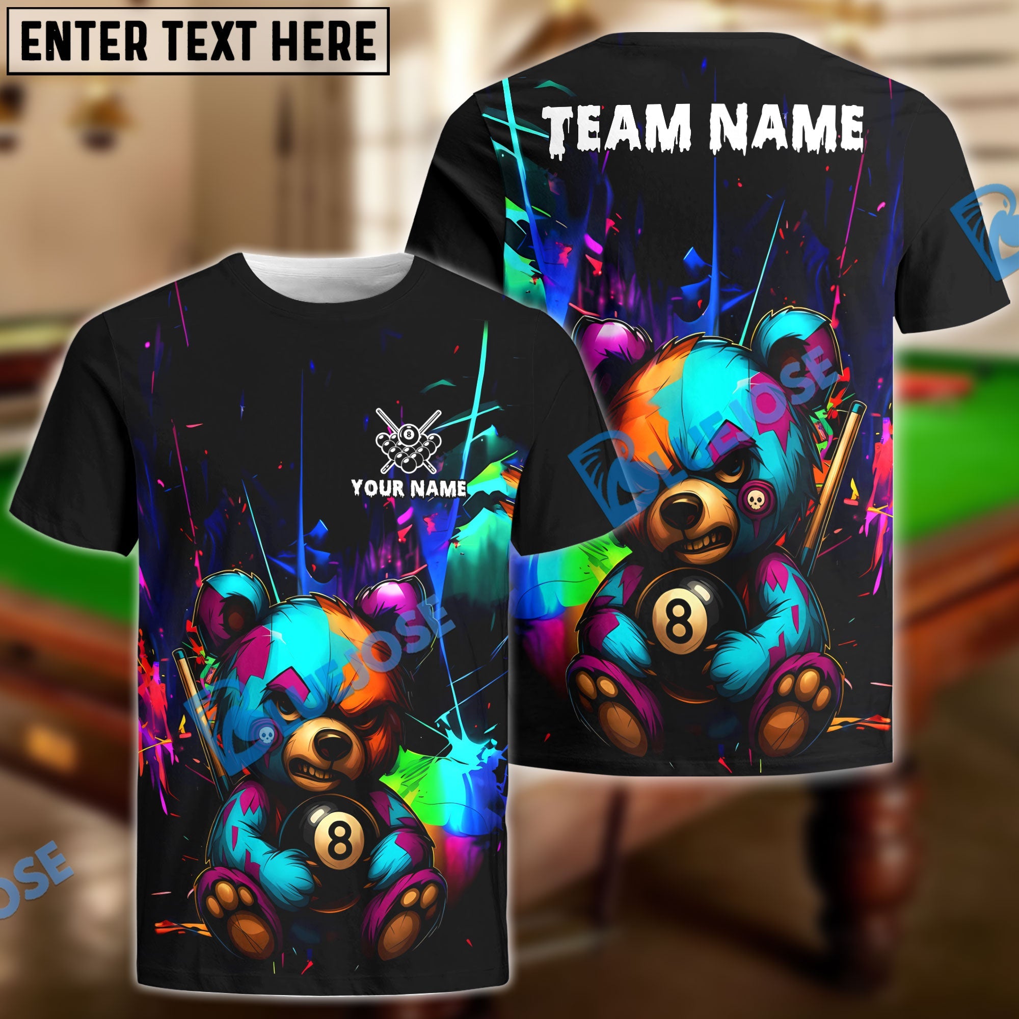 BlueJose Billiards 8-Ball Colorful Angry Teddy Bear Personalized Name, Team Name Unisex Shirt