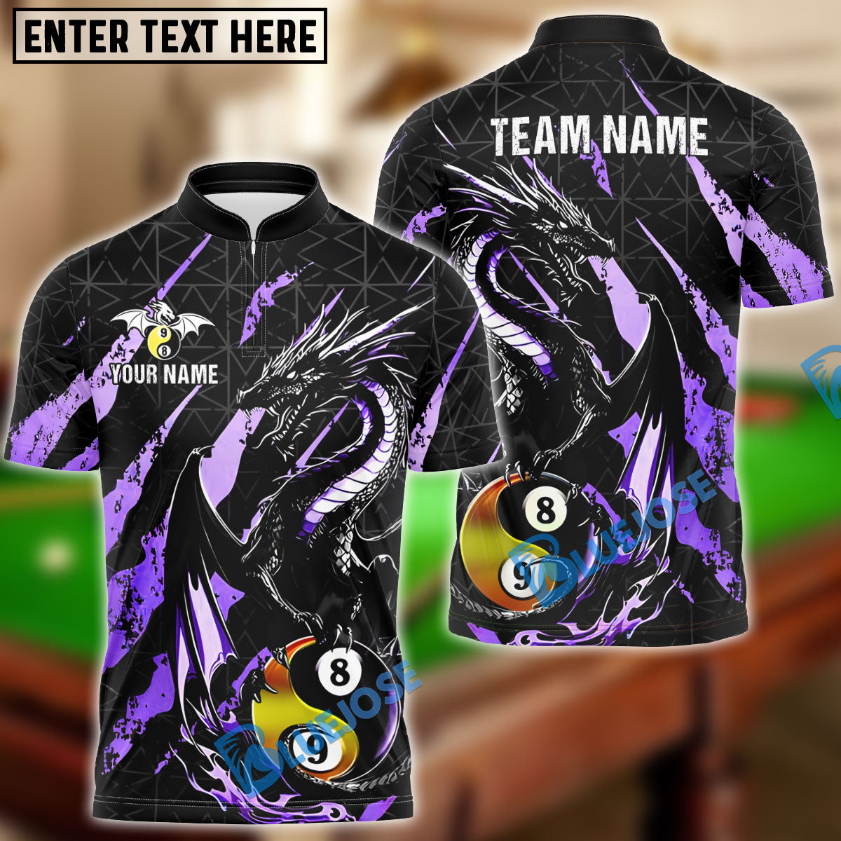 BlueJose Billiards Ball 8&9 Yinyang Golden Fury Dragon Personalized Name Shirt (4 Colors)