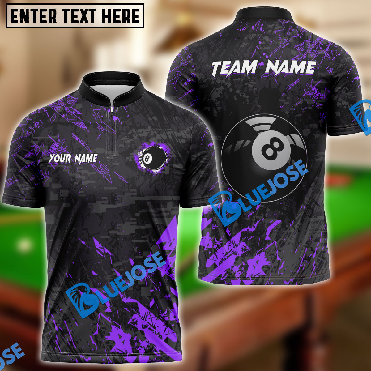 BlueJose Billiards 8 Ball Black Stains Grunge Personalized Name Shirt (5 Colors)
