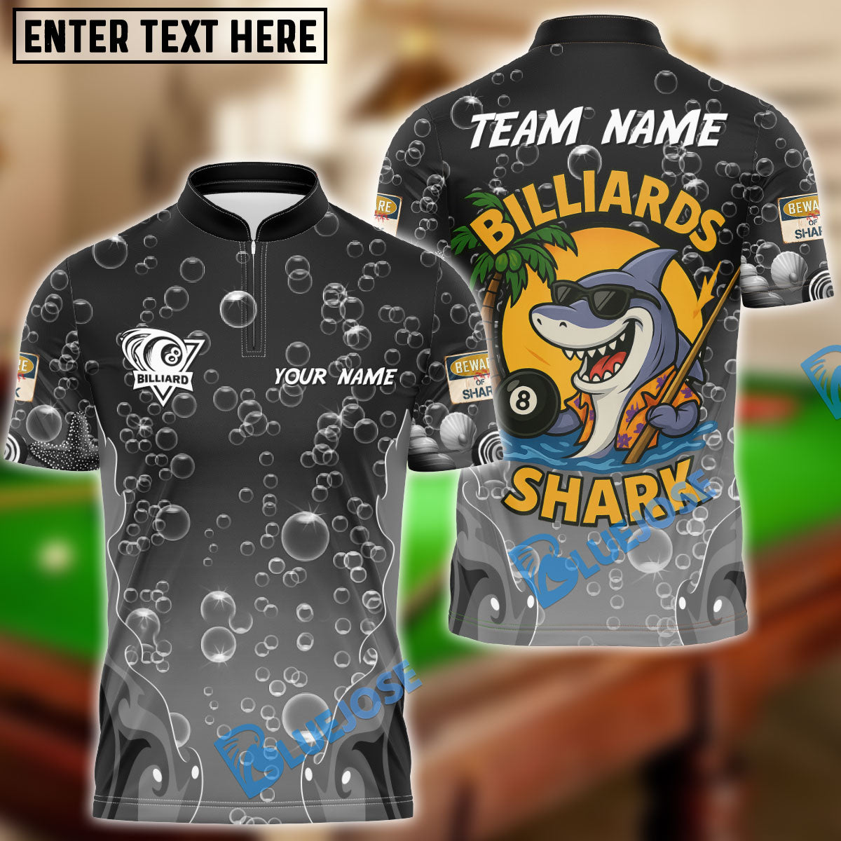 BlueJose Billiards Ball 8 Funny Cartoon Shark, Bubble Design Personalized Name Shirt (4 Colors)