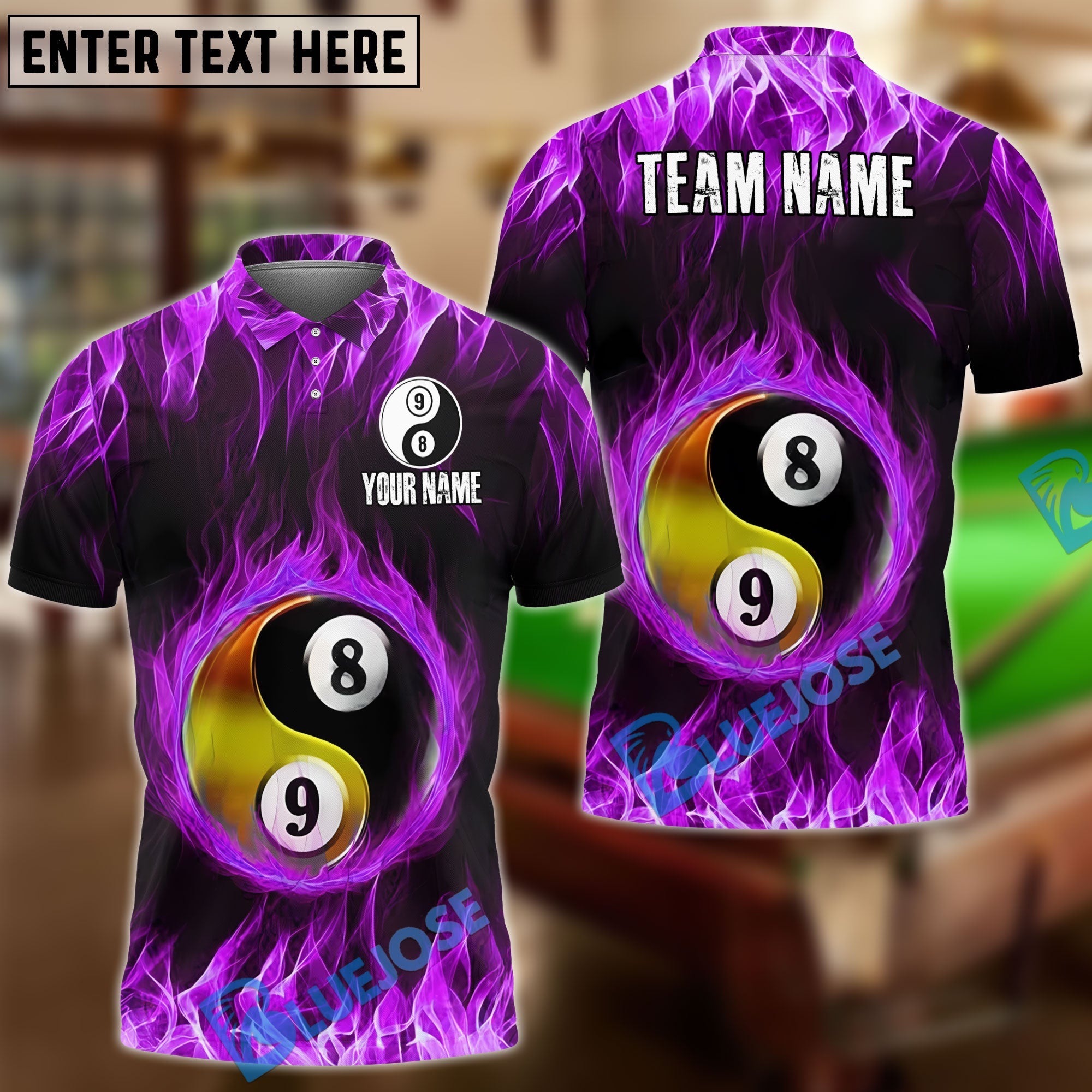 BlueJose Billiards Yin Yang Fire Personalized Name Shirt (4 Colors)