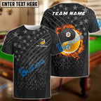 BlueJoses Billiards Ball 8 & 9 Fire Black US Flag Customized Name, Team Name 3D Shirt