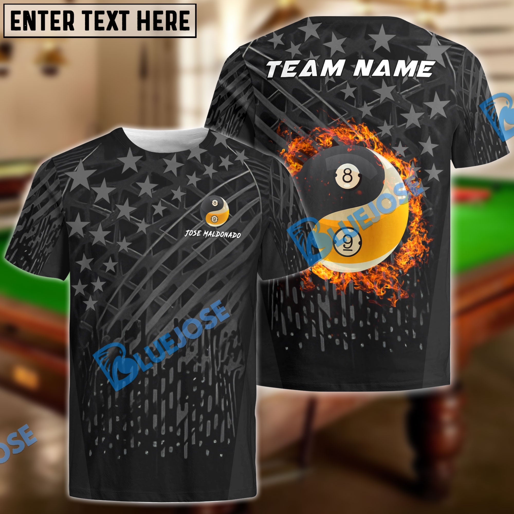 BlueJoses Billiards Ball 8 & 9 Fire Black US Flag Customized Name, Team Name 3D Shirt