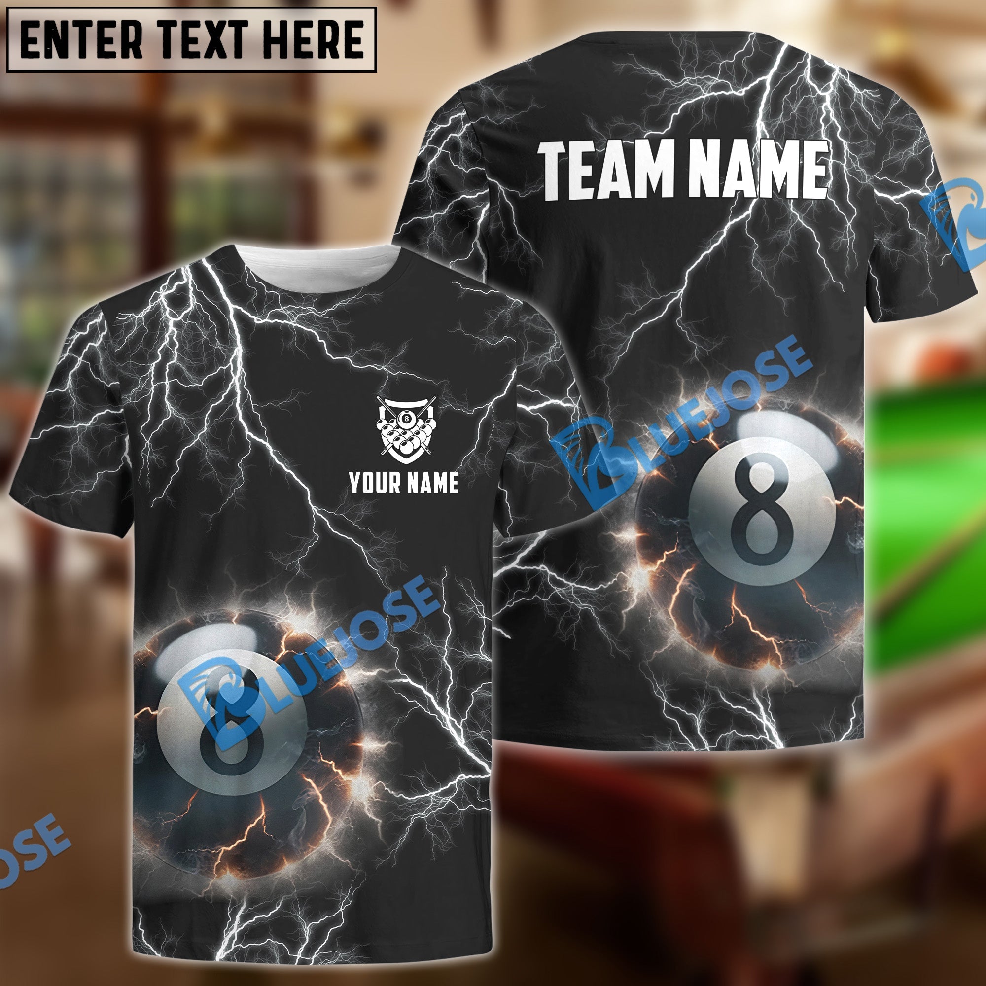 BlueJose Billiards Ball 8 Pool Thunder Lightning Personalized Name And Team Name Shirt