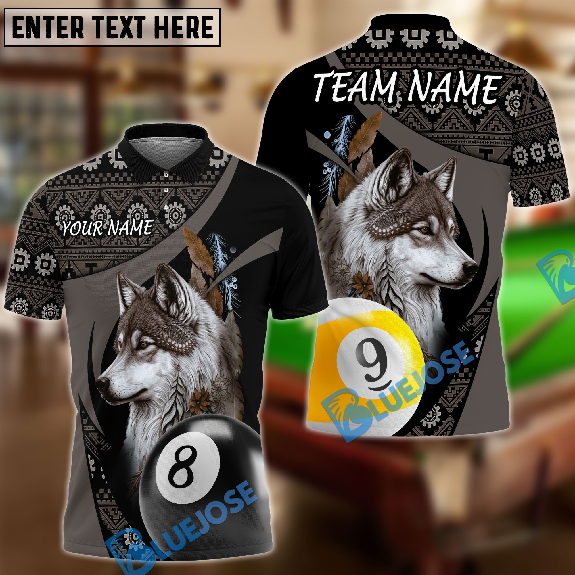 BlueJose Billiards Ball 8 And 9 Native Wolf Personalized Name & Team Name Shirt (4 Colors)