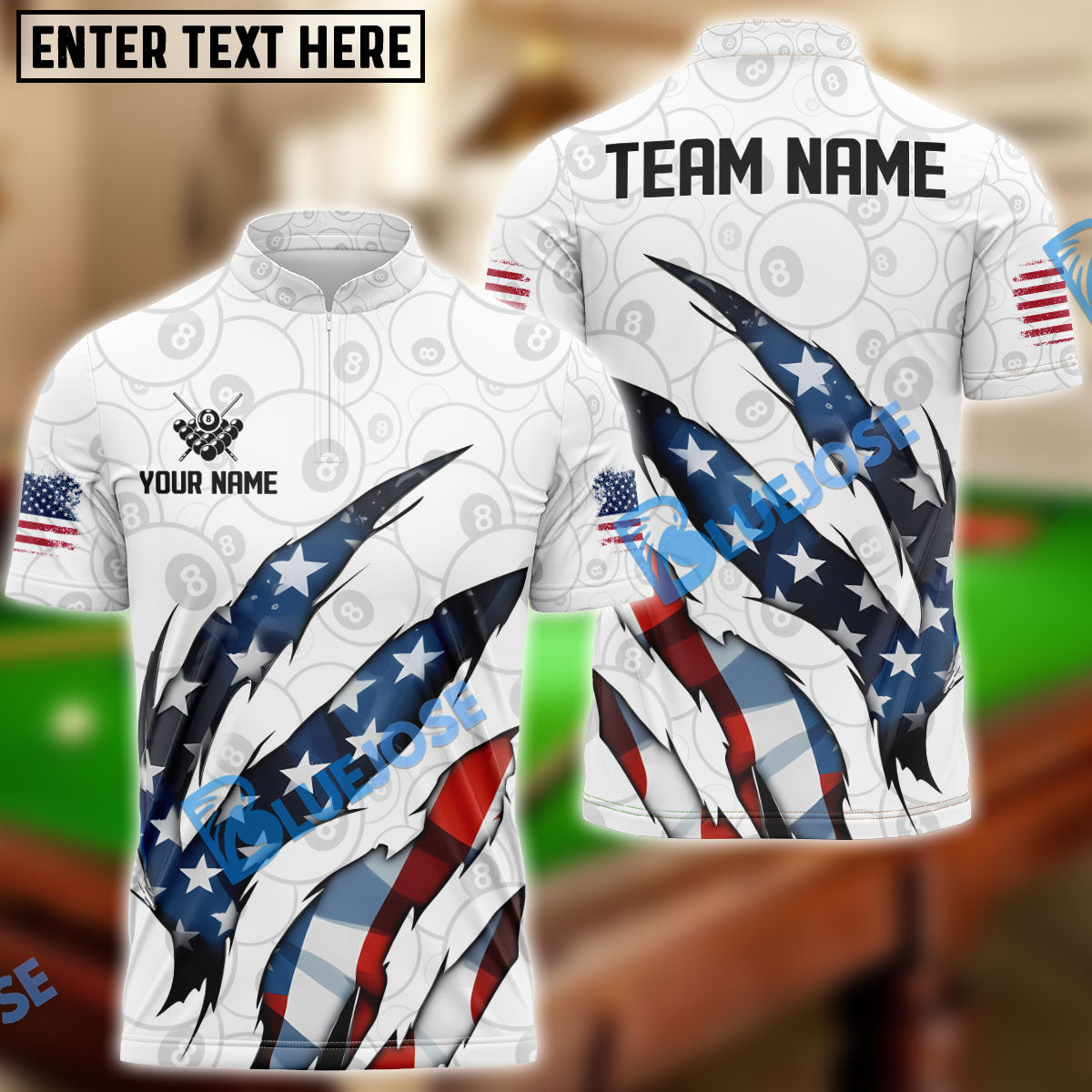 BlueJose Billiards Ball 8 Patriotic Scratch Personalized Shirt (2 Colors)
