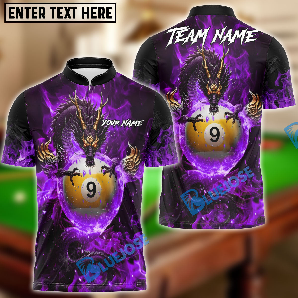 BlueJose Billiards Mystic Dragon Fire Ball 9 Customized Name, Team Name 3D Shirt (6 Colors)