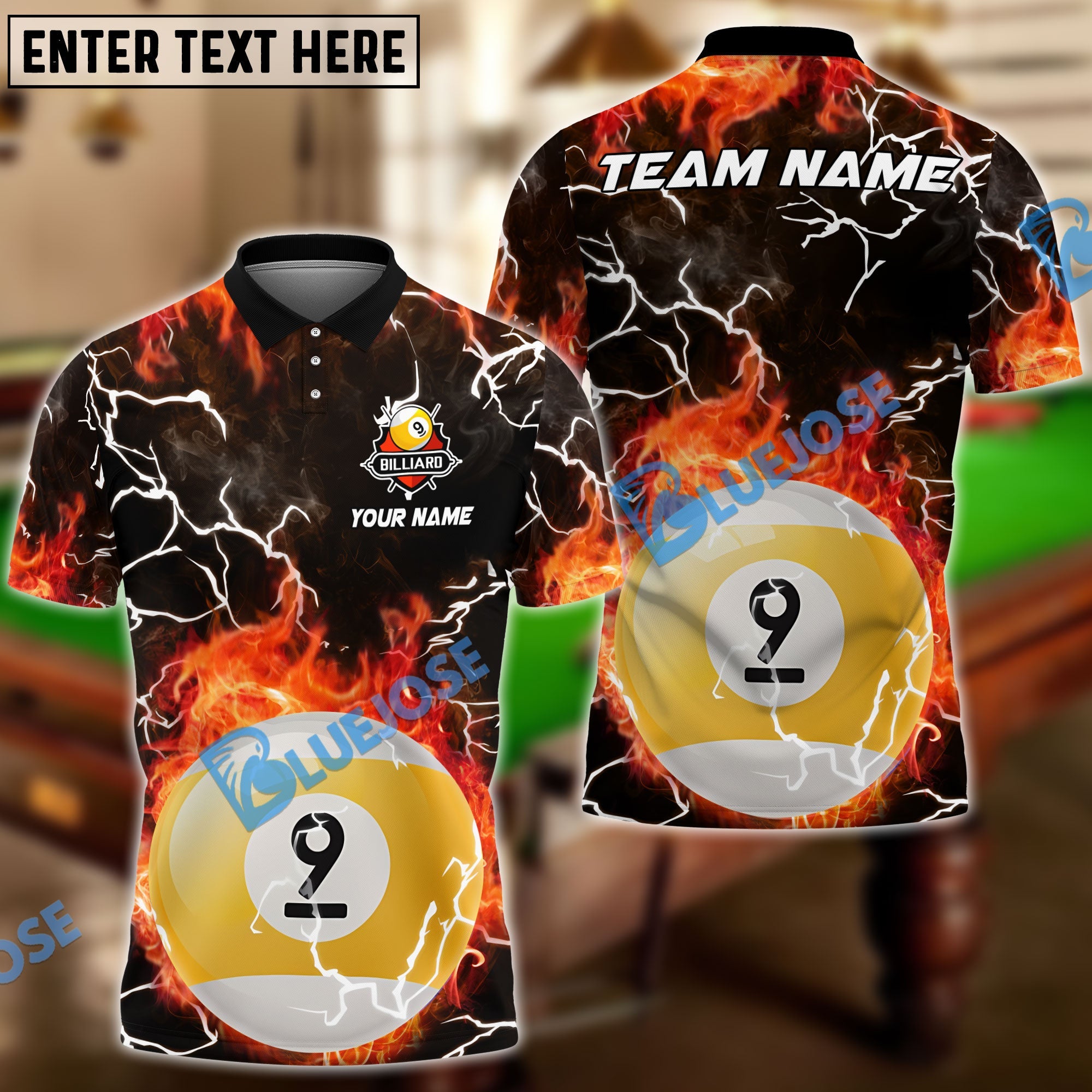 BlueJose Billiards Ball 9 Fire Colorful Rays Of Light Premium Personalized Name Shirt (6 Colors)