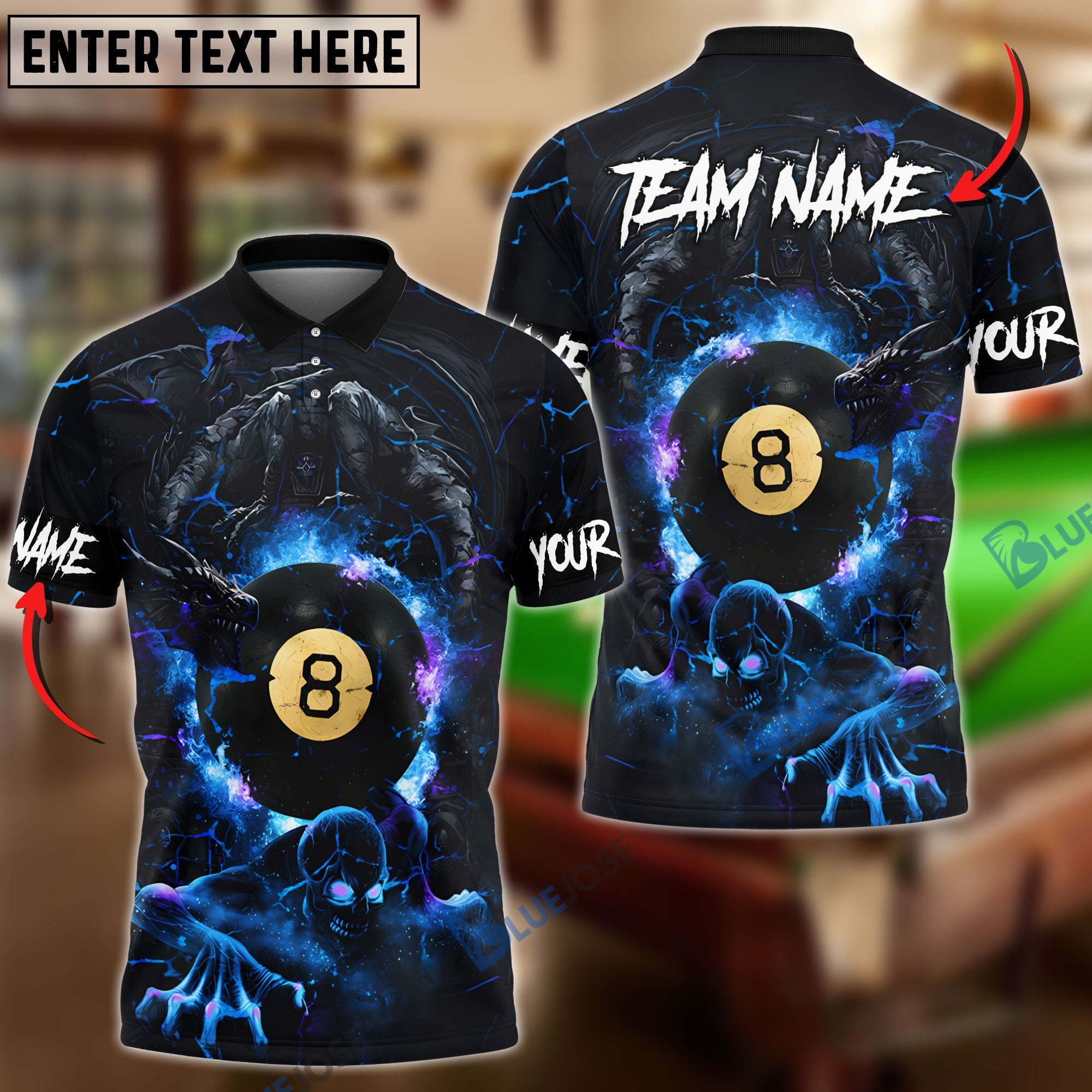 BlueJose Billiards Ball 8 Skull & Dragon Fight Personalized Name, Team Name Shirt (4 Colors)