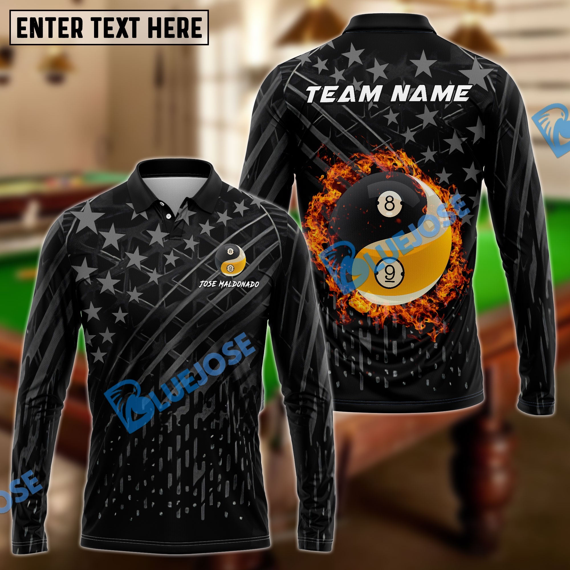 BlueJoses Billiards Ball 8 & 9 Fire Black US Flag Customized Name, Team Name 3D Shirt