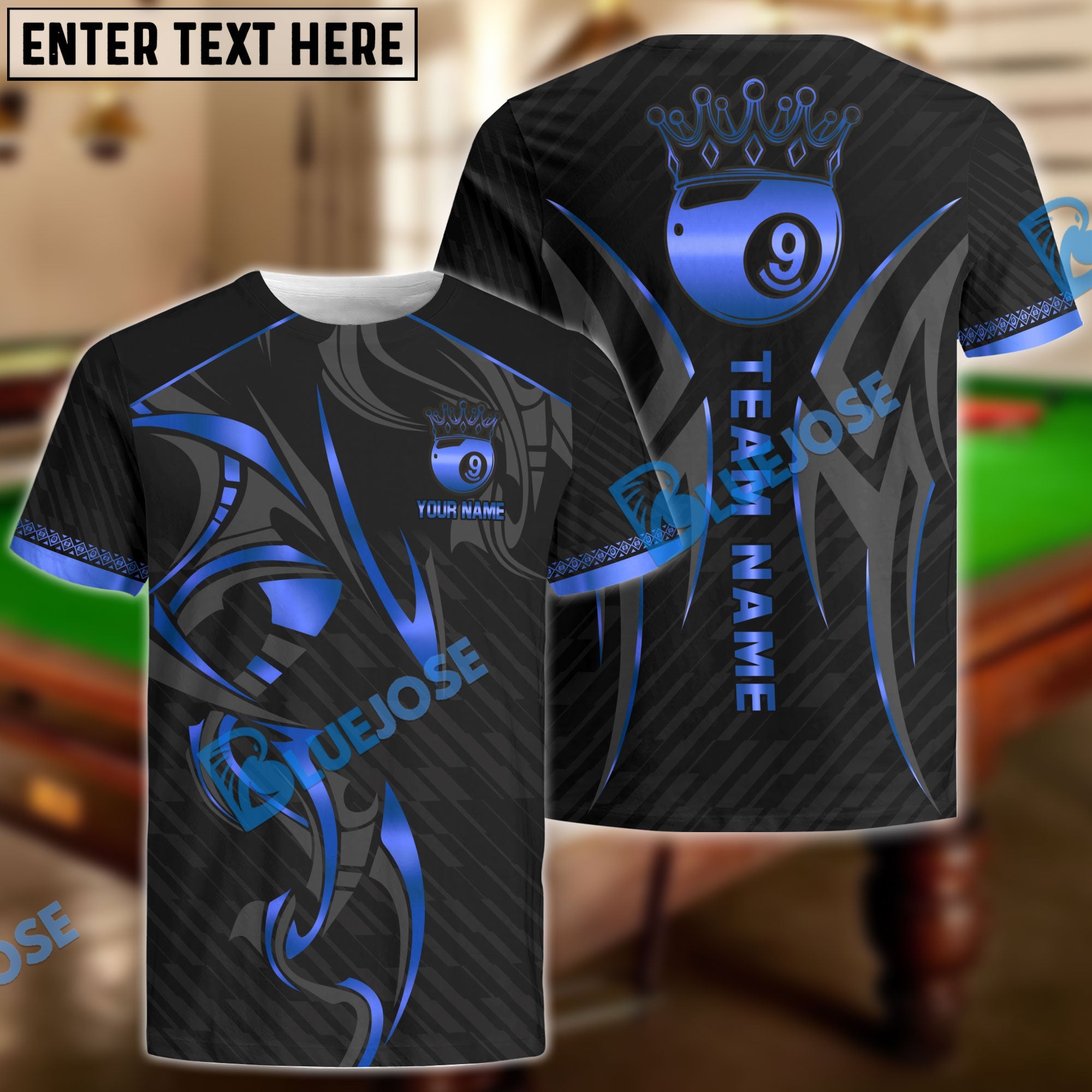 BlueJose Billiards Ball 9 Crown Personalized Name, Team Name Unisex Shirt ( 4 Colors )