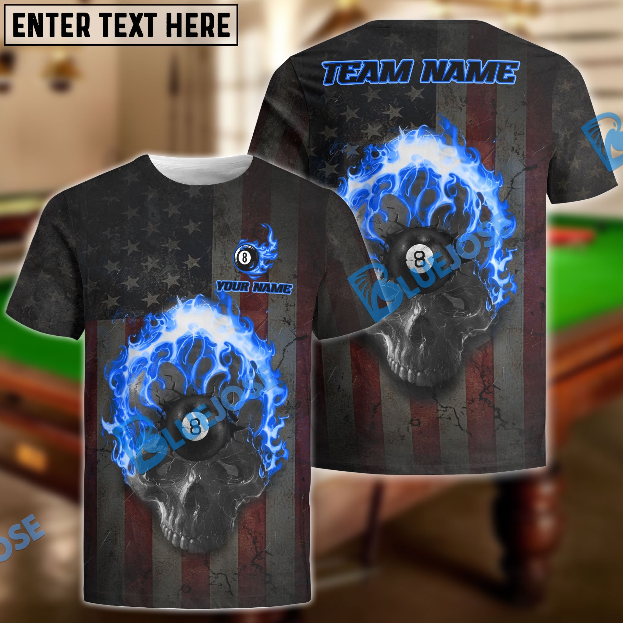 BlueJose Billiards Ball 8 Pool American Hell Fire Skull Personalized Name & Team Name Shirt (4 Colors)