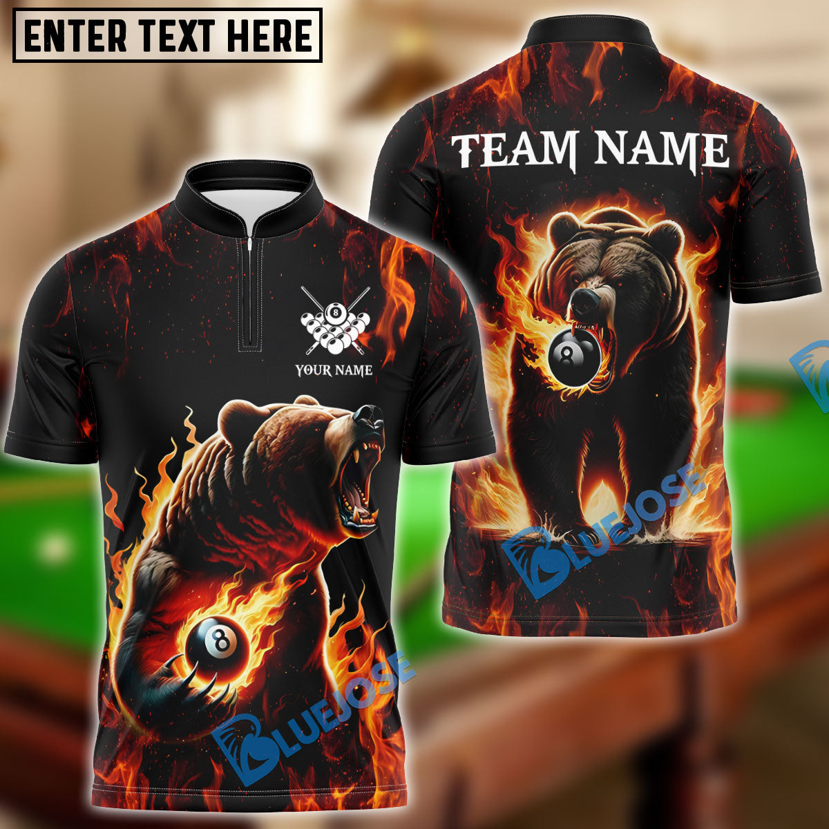 BlueJose Billiards Ball 8 & Ball 9 Flame Bear Personalized Name, Team Name 3D Shirt