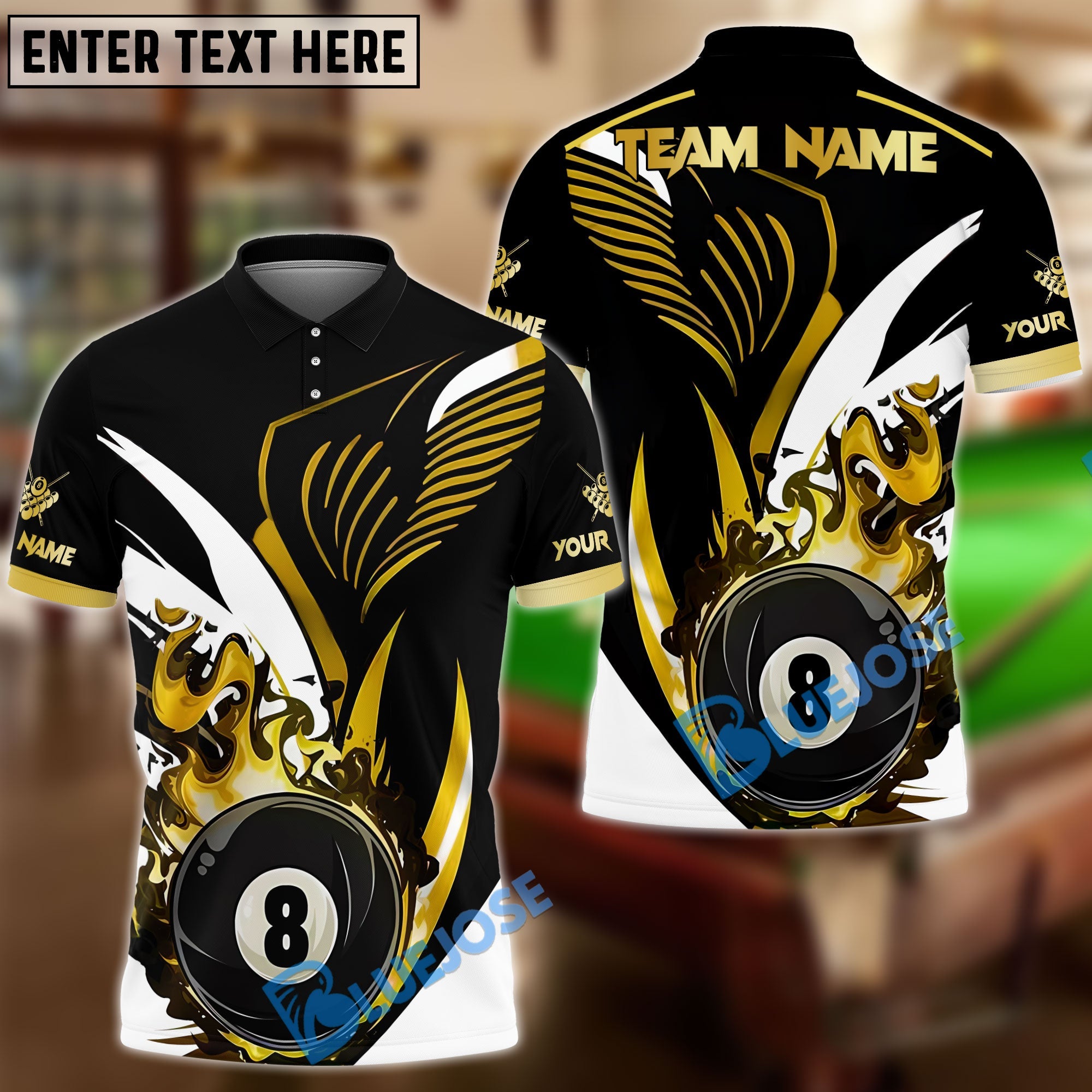 BlueJose Billiards Ball 8 Pool Golden Flame Personalized Name & Team Name Shirt (4 Colors)