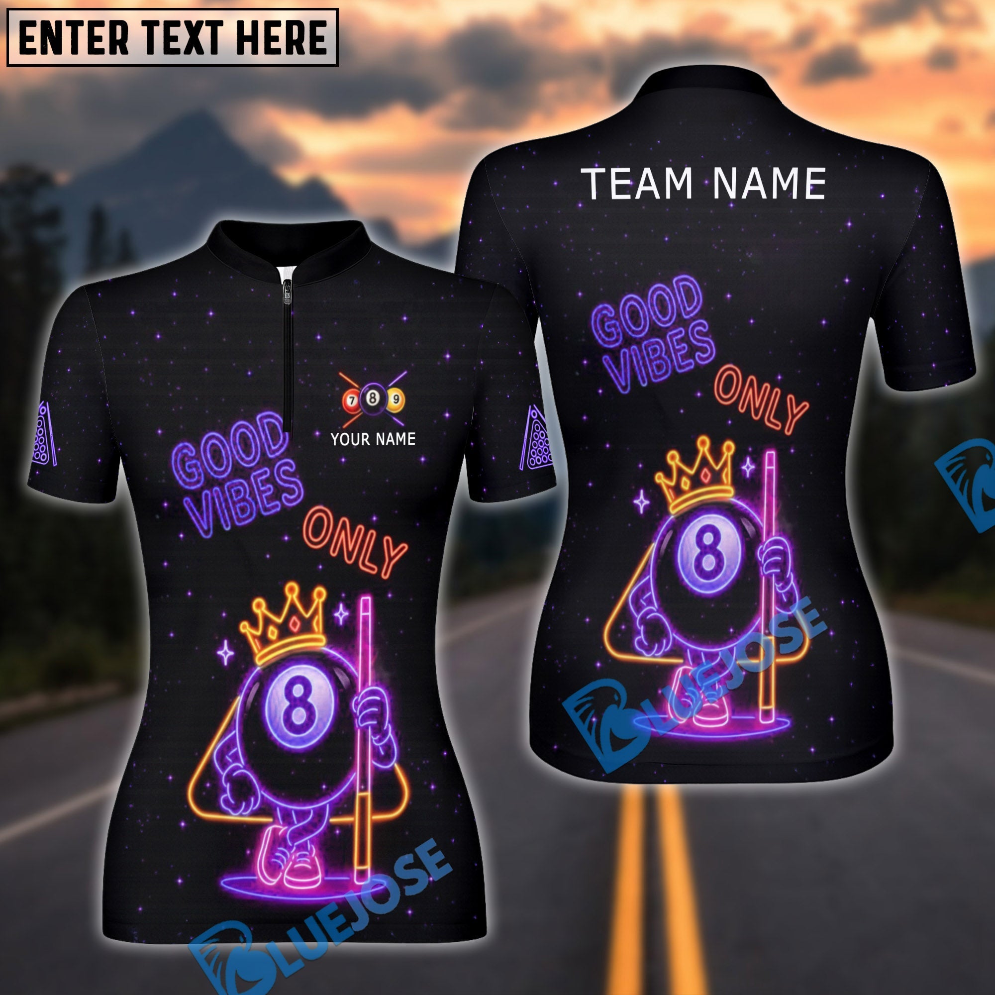 BlueJose Billiards 8-Ball Good Vibes Neon Crown Personalized Name Shirt (4 Colors)