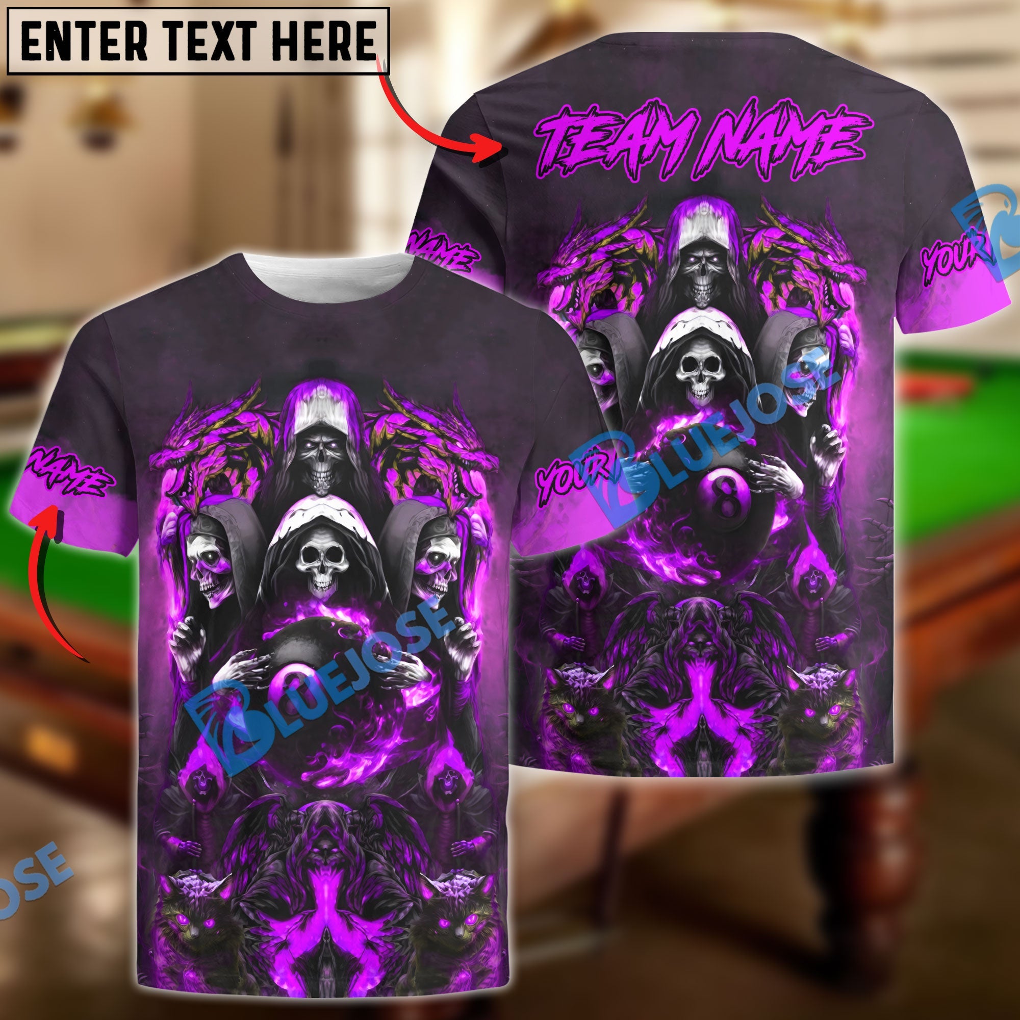 BlueJose Billiards Ball 8 Pool Skull Dragon Personalized Name & Team Name Shirt (4 Colors)