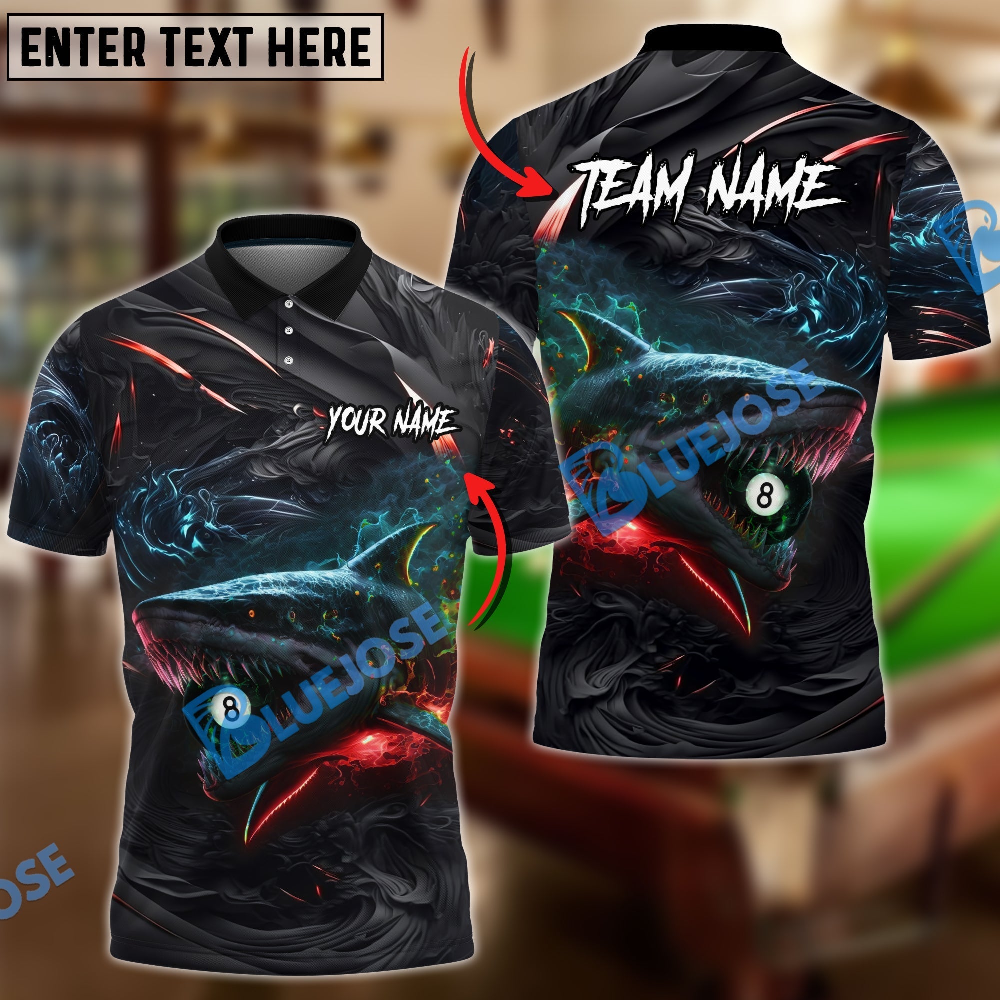 BlueJose Billiards 8 Ball Hell Flame Shark Personalized Name, Team Name Unisex Shirt (4 Colors)
