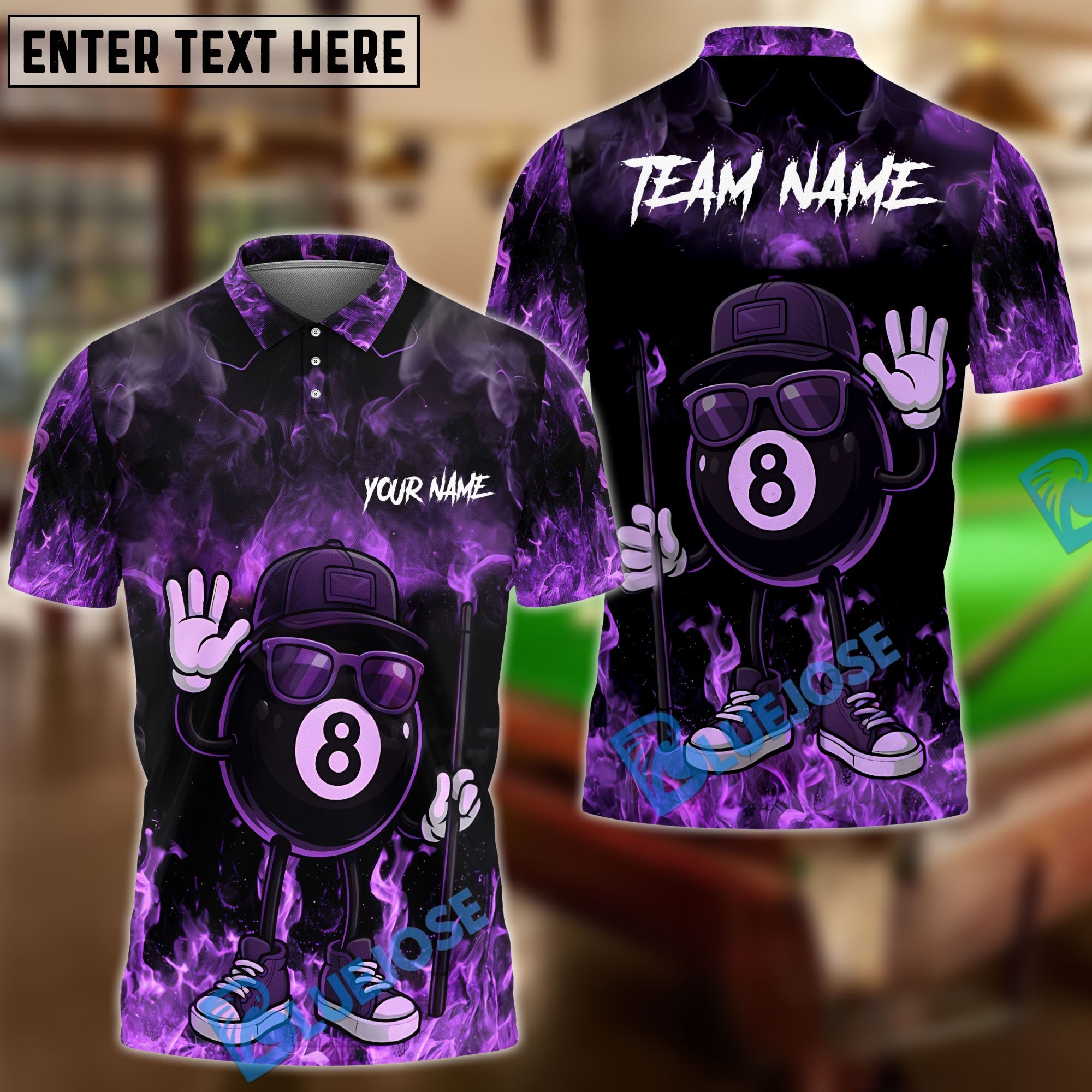 BlueJose Billiards Ball 8 Cool Vibes Urban Style Flame Smoke Personalized Name & Team Name Shirt (4 Colors)