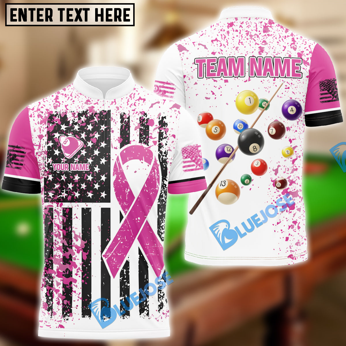 BlueJose Billiards Breast Cancer Awareness White Grunge American Flag Customized Name 3D Shirts