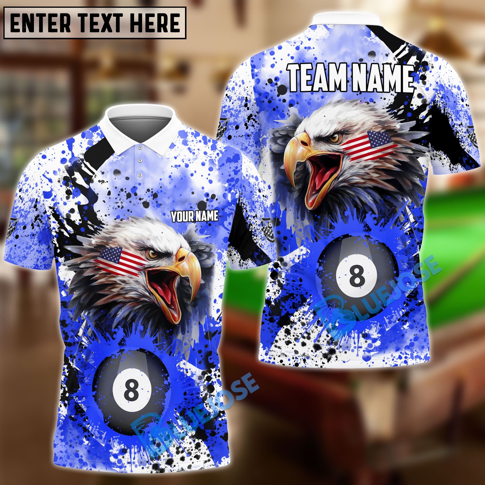 BlueJose Billiards 8 Ball Eagle American Flag Paint Pattern Personalized Name, Team Name Unisex Shirt (4 Colors)