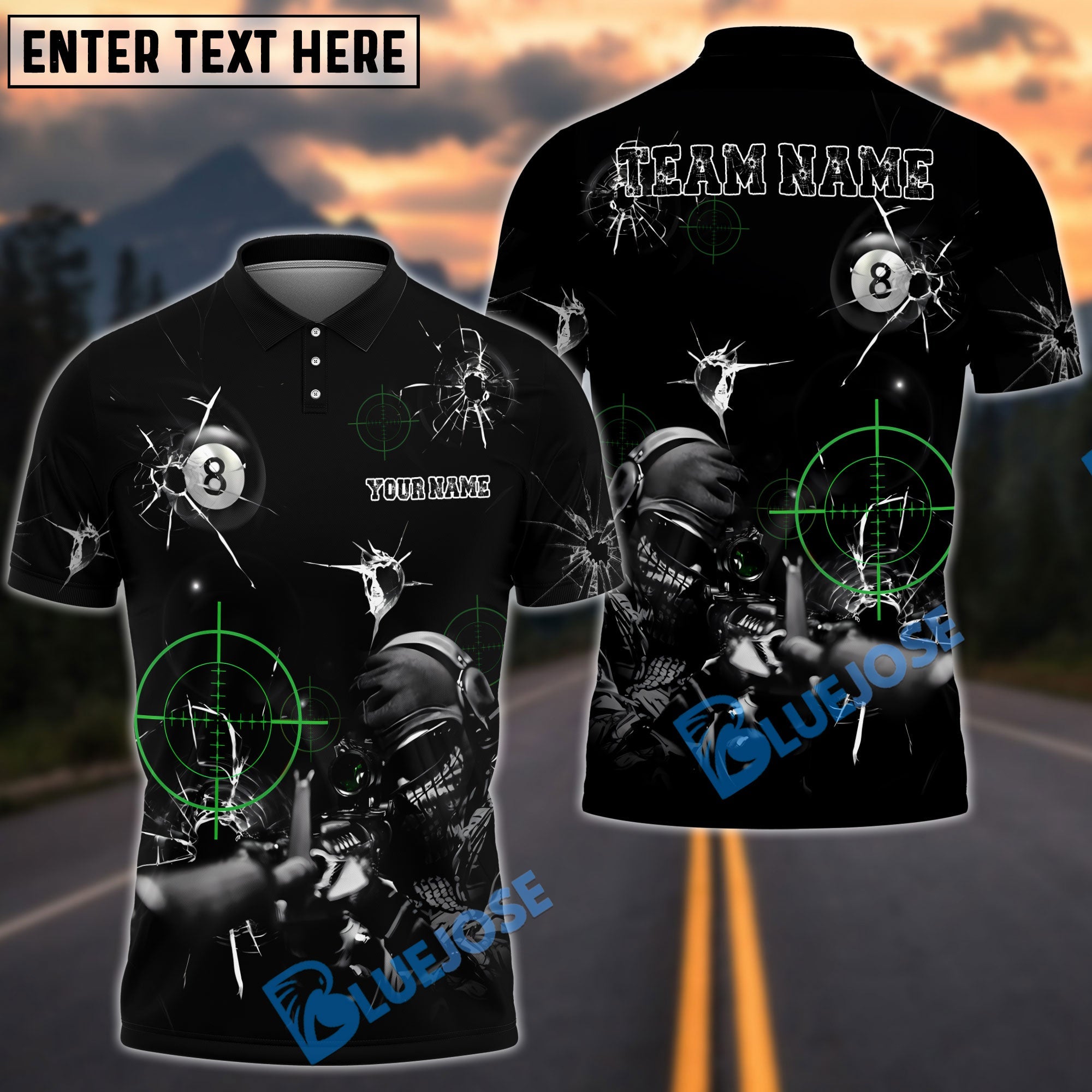 BlueJose Billiards 8-Ball Shooting Aim Sniper Customized Name, Team Name 3D Shirt (4 Colors)