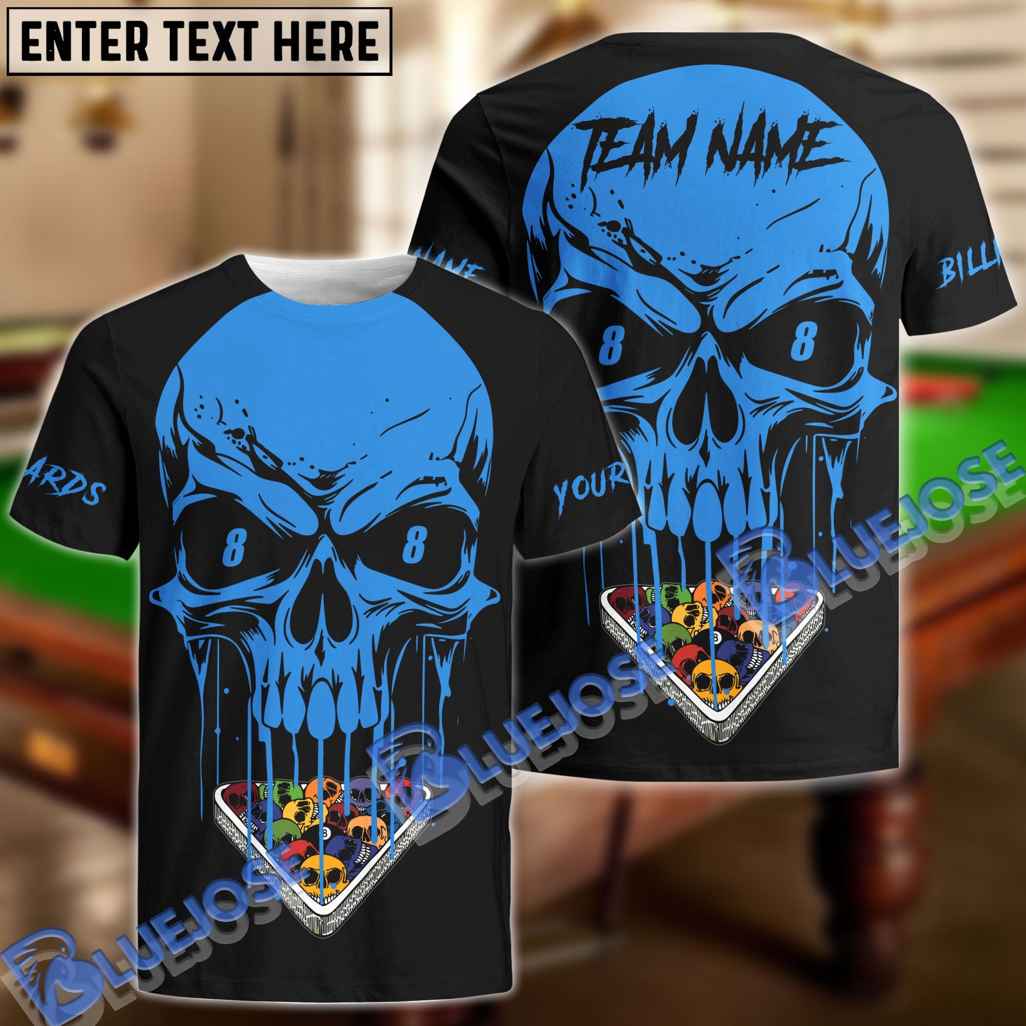 BlueJose Billiards Ball 8 Skull Personalized Name & Team Name Shirt (4 Colors)