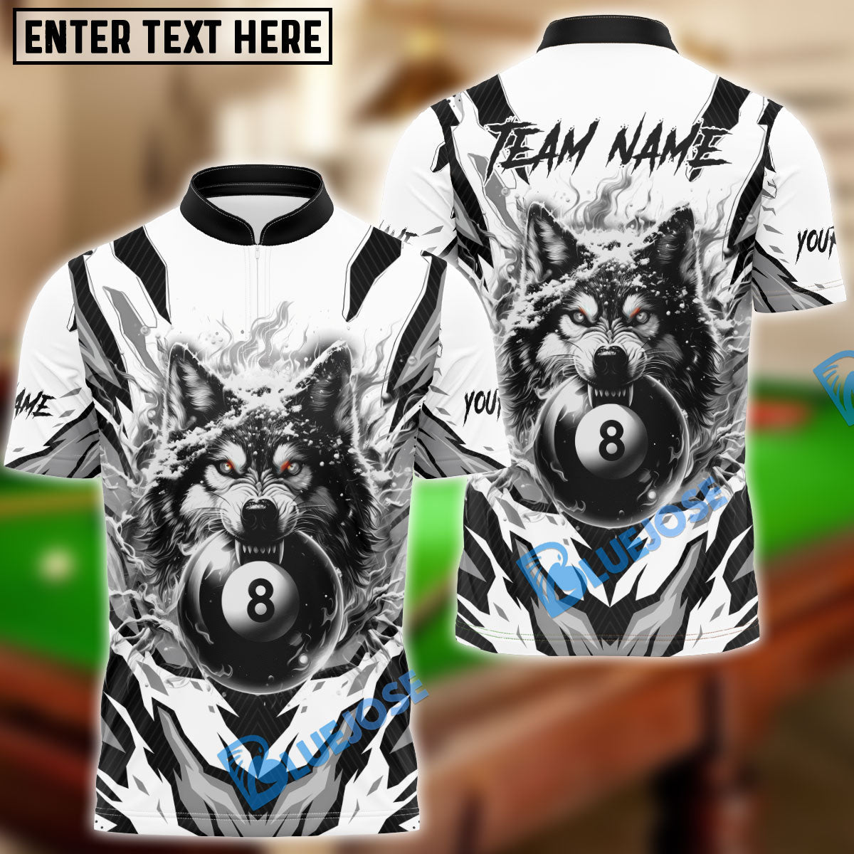 BlueJose Billiards Ball 8 Flame Wolf White Personalized Name, Team Name Unisex Shirt