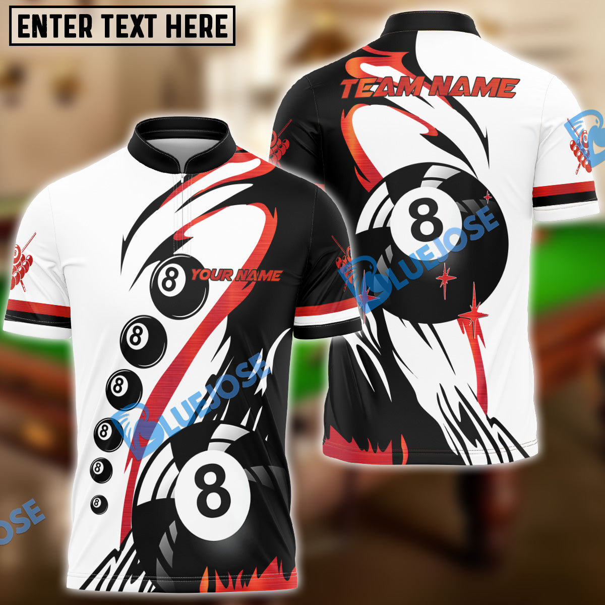 BlueJose Billiards Classic 8-Ball Black & White Personalized Name Shirt (4 Colors)