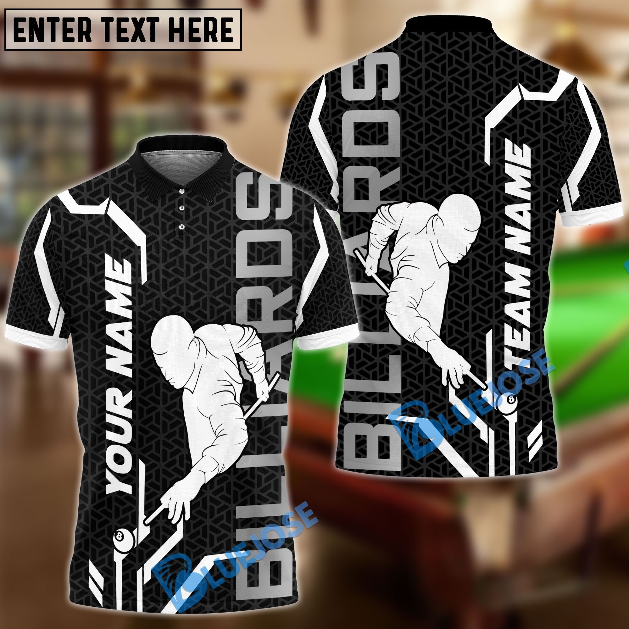 BlueJose Billiards Player Black And White Personalized Name, Team Name Unisex Shirt