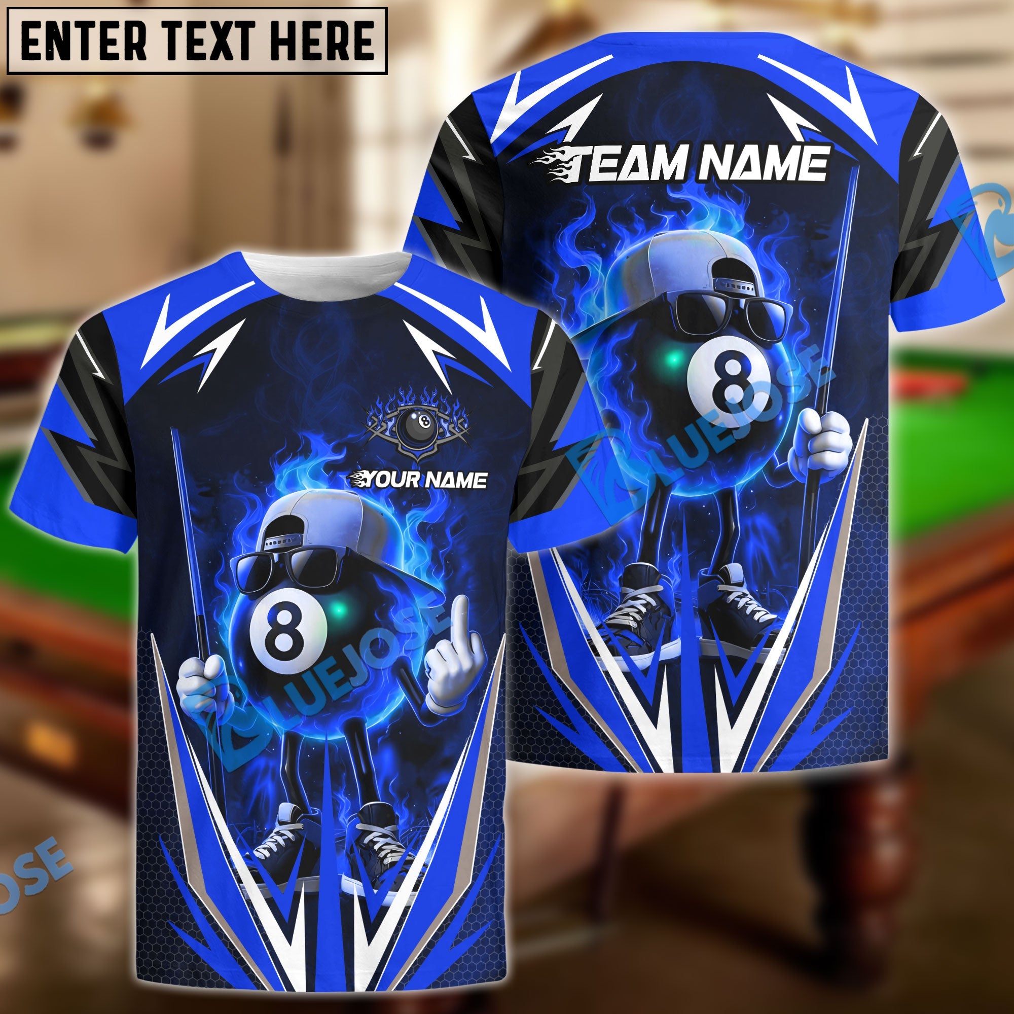 BlueJose Billiards Flaming 8-Ball Cool Style Personalized Name, Team Name Unisex Shirt (4 Colors)